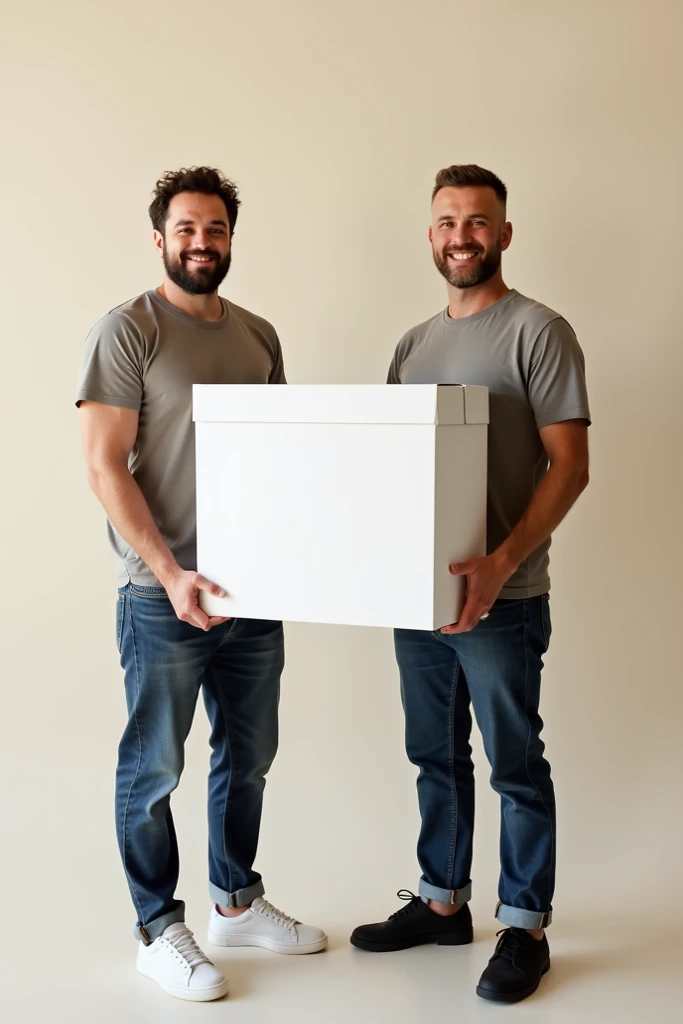 Two tall, bald, muscular, attractive white american men, full body, completely naked and without clothes, each covering their naked crotch taking a cardboard box around their waists,