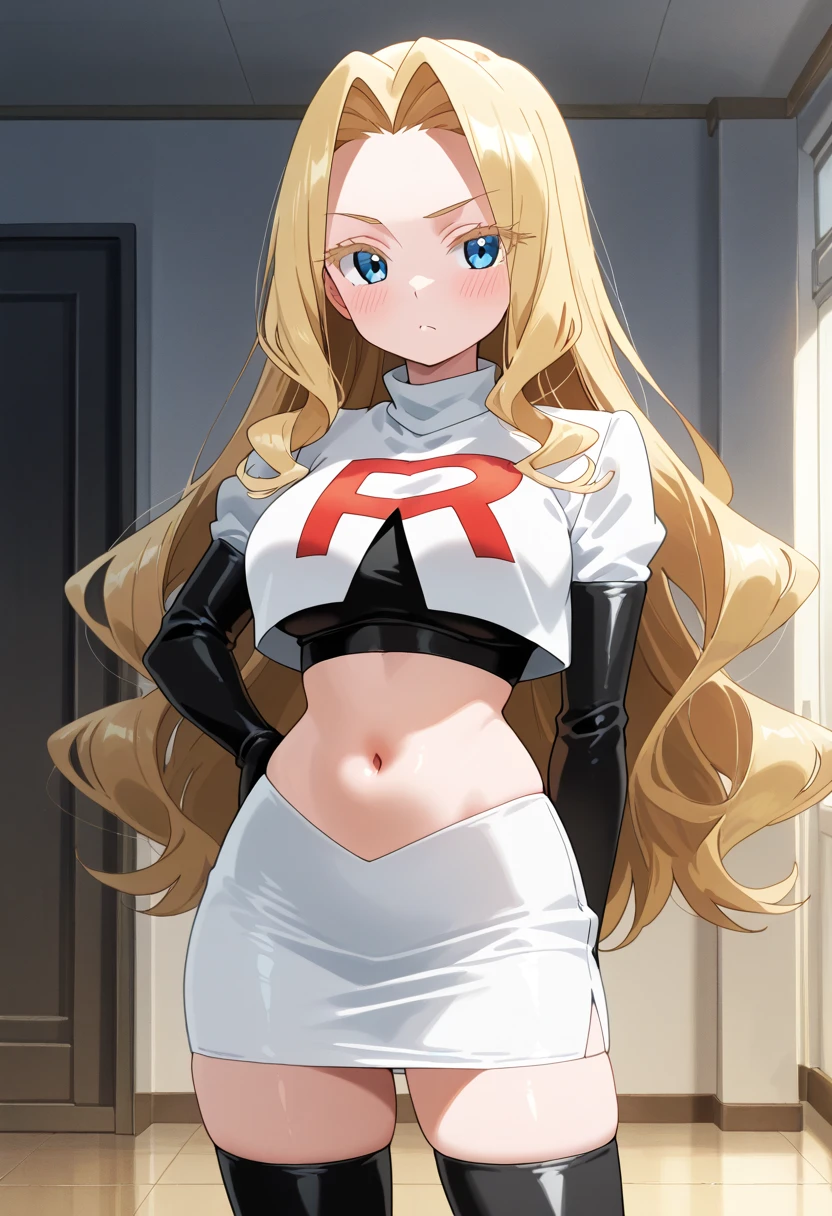 8k, anime screencap,1girl in, (solo:1.2), (perfect body:1.1), (best quality:1.1), very large breast, team rocket uniform, red letter r, white skirt,white crop top,black thigh-high boots, black elbow gloves, evil smile, looking down at viewer, hands on hips,zettai ryouiki,