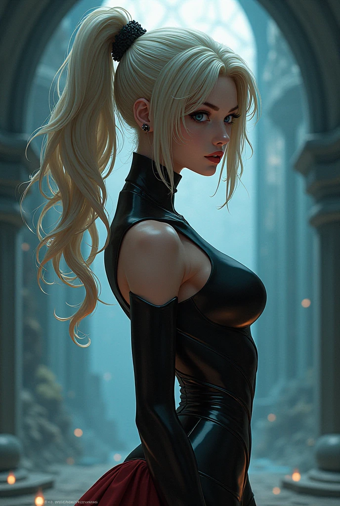 blonde woman,very long straight hair with ponytail,with sexy warrior goddess armor,too thin waist,red eyes,angry face,angry face,with a mighty staff,thick lips,thick eyebrows,lips painted violet,posing sexy,ass in thong,Fitness ass,big round ass,with lots of energy around violet color,and electric rays surrounding her,big tits,very sexy armor,with erotic long stockings,with a lot of magical power,real imageista,real image,real human image,non-animated image,image without animation,very tight armor,posing on the back, mostrando el ass in thong,looking at the viewer,posando de espaldas al espectador,mirando hacia el espectador.
