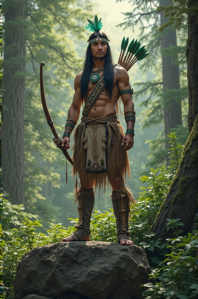 young indigenous man holding a bow and arrow. local: Woodland. 4 k image. long straight hair. de corpo todo. leaf garments. facing the viewer