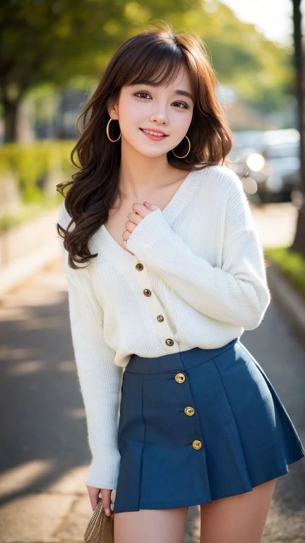 (​masterpiece, top-quality:2.0), （超A high resolution）, (Photorealsitic:1.4), foco nítido,  (1girl in), （brown haired）, Full body posture、(Smile at the person you like:1.5),  finely eye, face perfect, Detailed skin,  ((White knitwear、Maxi skirt with a floral pattern))、Blur the background、Cute Japan person、20yr old、extra detailed face、（Bite Pose:1.4）、