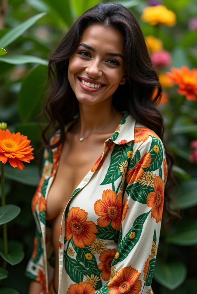 A Brazilian woman in a lush tropical garden, wearing an open shirt with a floral print, with a close-up capturing the harmonious beauty between her breasts and the natural flowers, showing off your natural charm and outgoing personality.