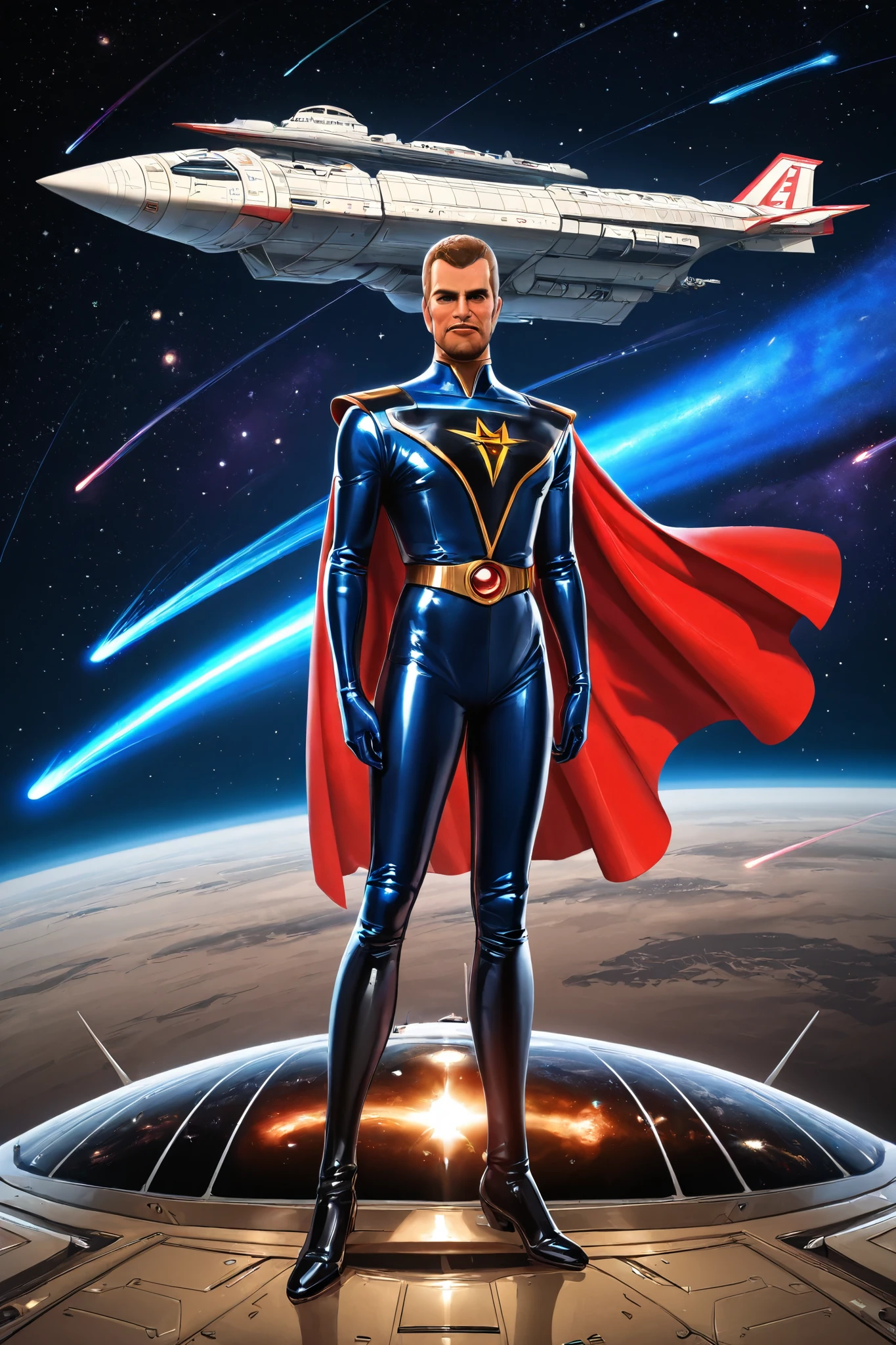 Space ship, captain future, comet, extremely fine and beautiful design, illustration, masterpiece,best quality, high resolution, 8k, sf,