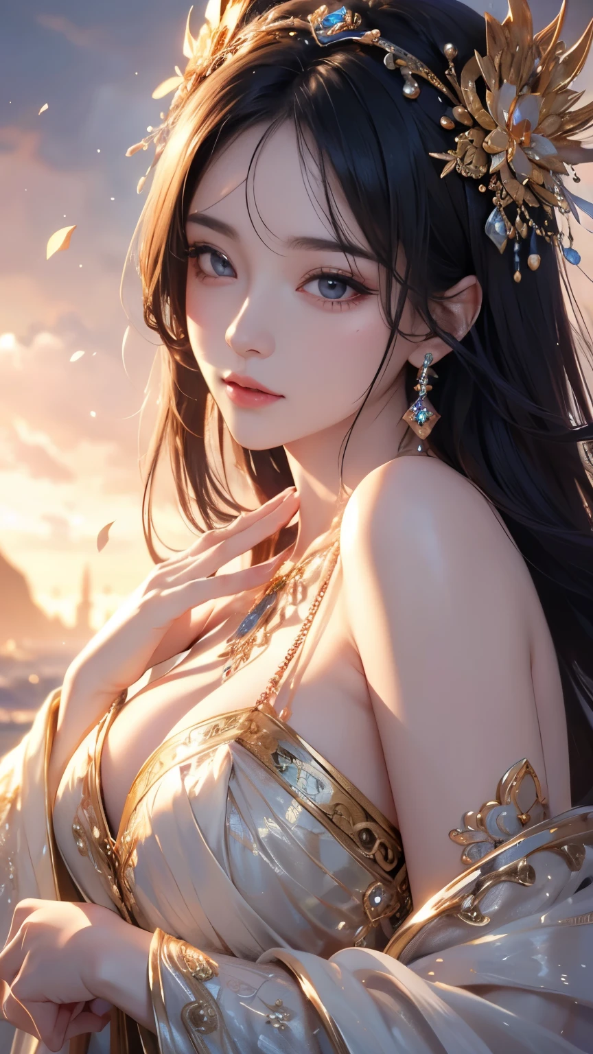 Zhong Fenghua, 1girll, (full bodyesbian) 独奏, Hanfu, flower field, blossom flower, (Black smoke:1.4) (realisticlying:1.5), datura, entangled, offcial art, Unity 8k壁纸, ultra - detailed, Beautiful and beautiful, tmasterpiece,best qualtiy, (dynamic angle:1.4), (Realistic:1.5),(Real human photos;1.5),(Bigboobs:1.5),(Liuhai hairstyle:1.5)(Shoulders exposed:1.5),Glowing skin, (Floating colorful flashes:1),The most beautiful forms of chaos,(ellegance:1.2),Fauvistdesign,vivd colour,Romanticism Depth of Field,