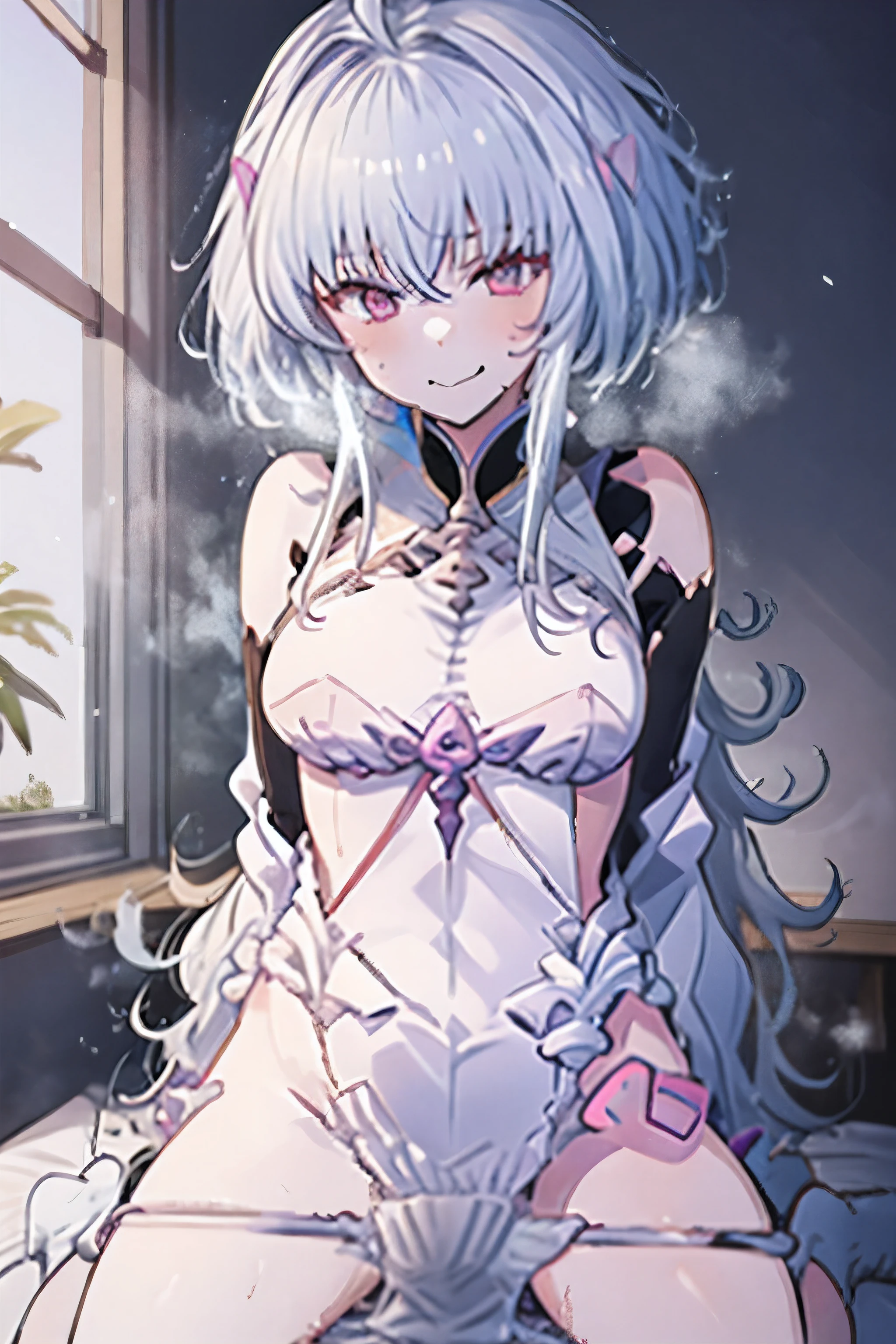 anime girl with white hair sitting on a bed in a room, seductive anime girl, perfect Gray-haired girl, attractive anime girl, Tiny Curvy Girl, anime best girl , anime moe art style, best anime 4K konachan wallpaper, an anime girl, soft chest, beautiful anime girl, Gray-haired, cute anime girl, anime girl、FGO、Lady Avalon、Proto Marlin 、best quality、woman on top、Riding Position、sex、Ecchi