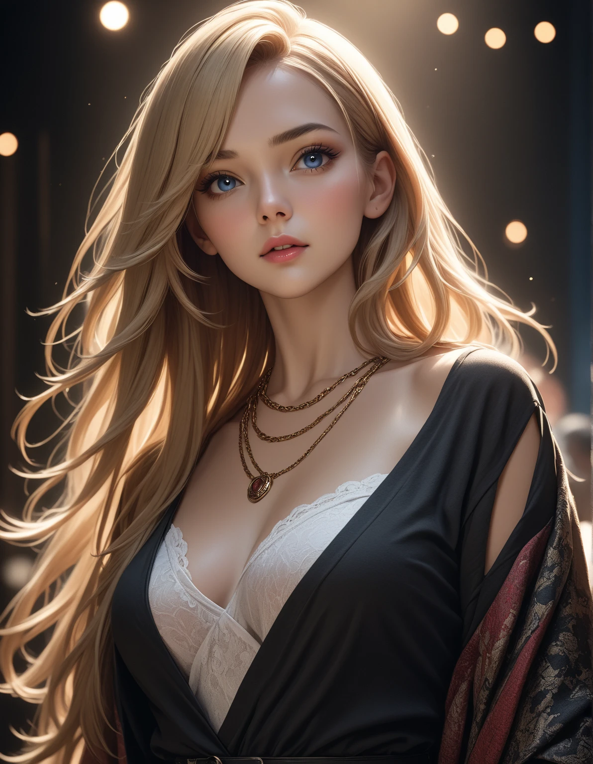 A beautiful woman and she has long, blonde hair with blue eyes and she has white skin and small noses. The dragon's shape is green and Japanese and the background has a casserole with a red moon