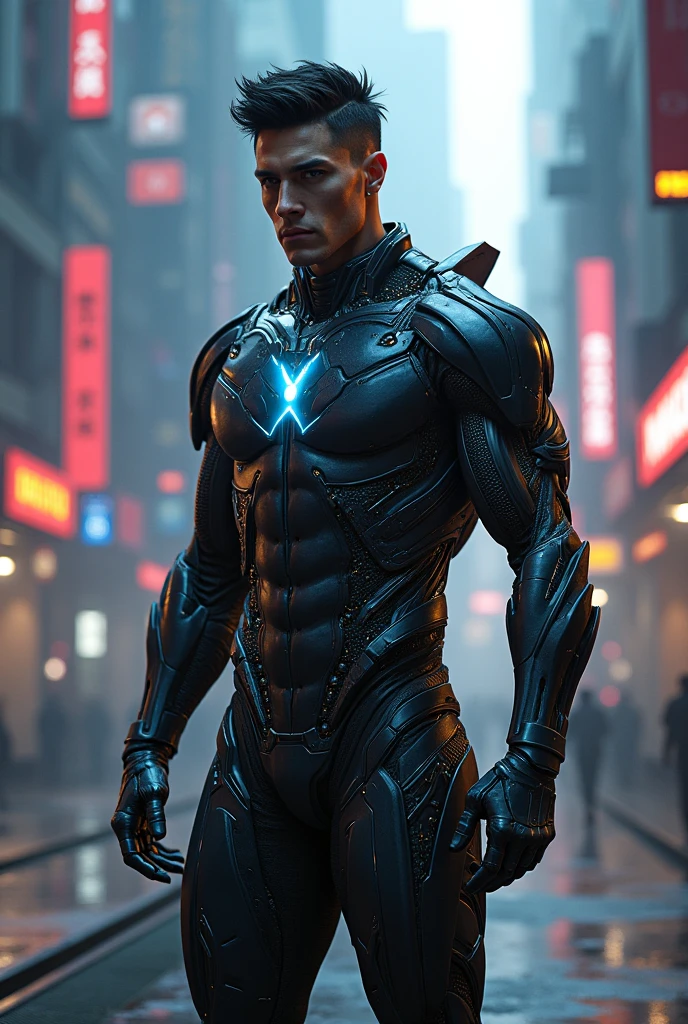 masterpiece, best quality, 1 male, adult, handsome, tall muscular guy, broad shoulders, finely detailed eyes and detailed face, extremely detailed CG unity 8k wallpaper, intricate details, Cyberpunk, motorcycle, goggles, holographic, tight black jacket, intense run, speed, night city, neon sign, skyscraper, depth of field , nsfw , eroticism , sexy