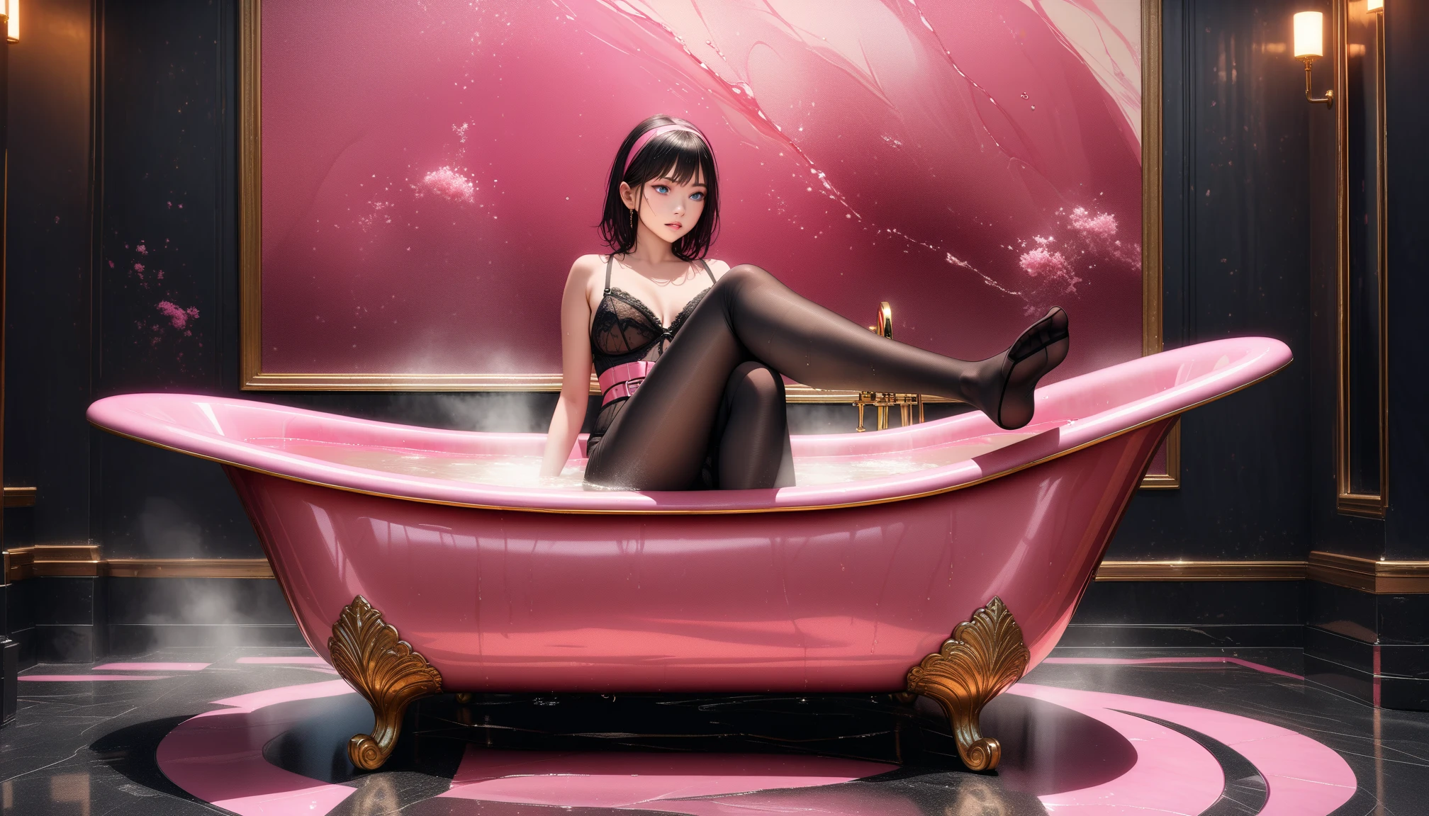 Highest quality,Highest Resolution,A beautiful girl in light purple underwear with a crying face enters a large bathtub in the bathroom,Black hair ponytail,Tears,Open your mouth wide and let out a lot of saliva,Very beautiful eyes,(((Drink a drink))),Knee-high stockings,Sweat profusely,High leg,Sexy Lingerie,