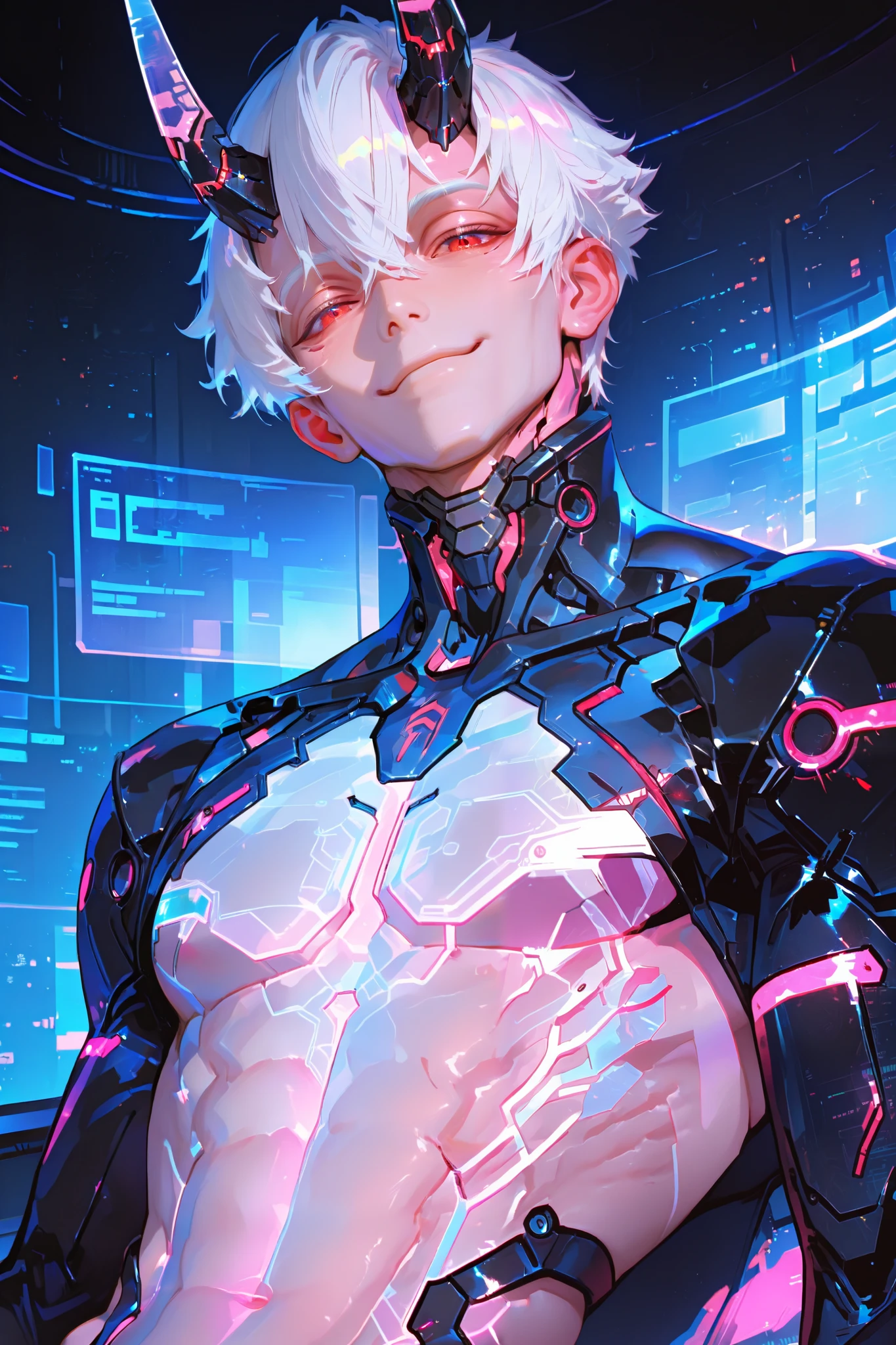 masterpiece, best quality, Detailed Eyes, boy, shortcut white hair, red eye, tiny and black horn, semi realistic, toned, pink neon accessories, black cyber suit, smile, solo charactor, cyberpunk background, hologram, hologram horn, looking at viewer, no nipple