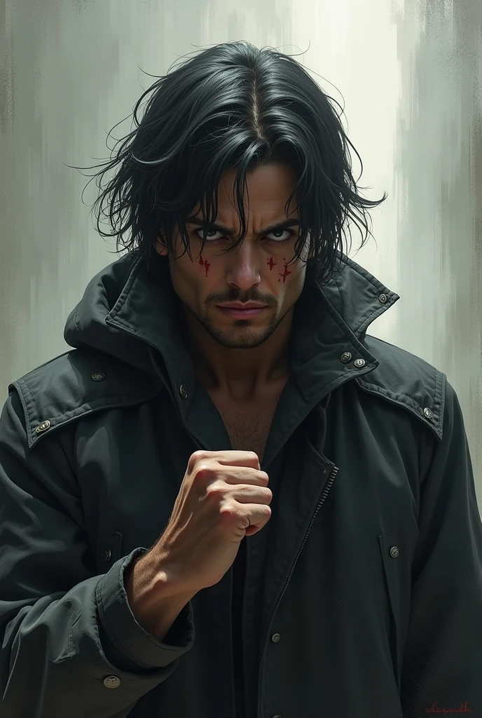 (photorealism:1.2), handsome brown man, with long curly hair, smiling, vampire, holding gun, full body, dynamic, red eyes, golden grillz, night time, wearing black tank top, wearing sweatpants