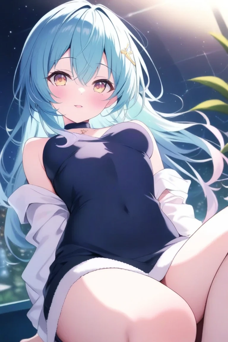 Beautiful girl, hot girl, detailed face, detailed eyes, detailed hair, detailed body, hanging boobs, change background, 8k, realistic, ultra realistic, ((she is naked)) visible panties, visible swimsuit, ((sge us wet)) green hair