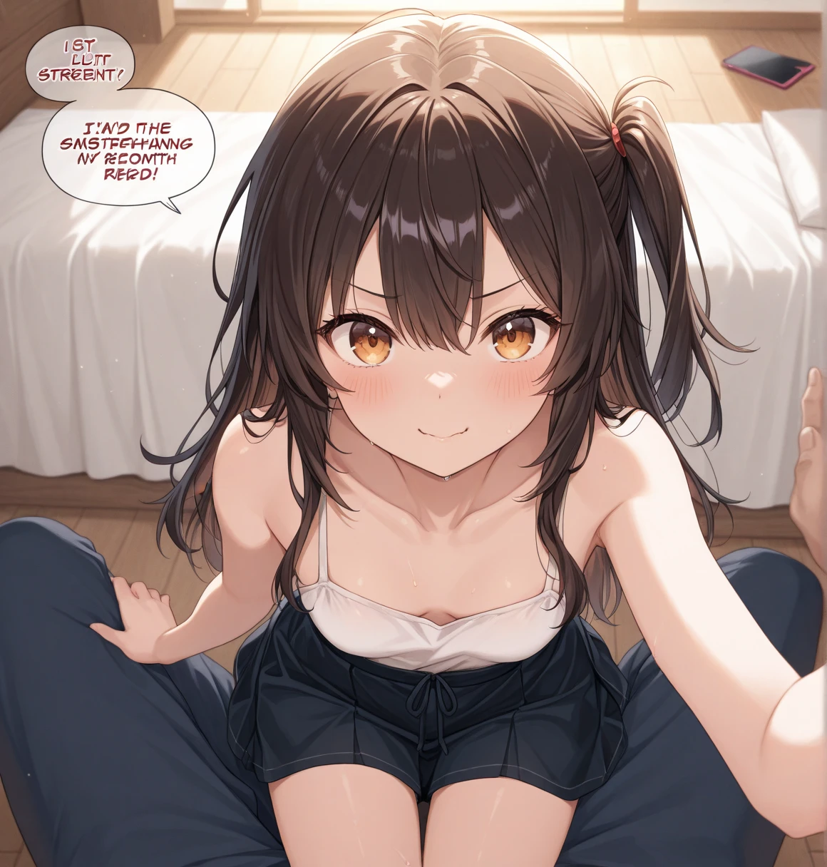 (masterpiece), (Highest quality), (Very detailed), ((Very delicate and beautiful)), One Girl, solo, July, (Very long hair), ponytail, smile, Flat Chest, chestnut mouth, Sitting, On the bed, question mark, indoor, Detailed Iris, young, Completely naked,((nsfw)), Squat, (((No correction))), ((lie on back, legs up high, spread legs, hold knees, vagina))