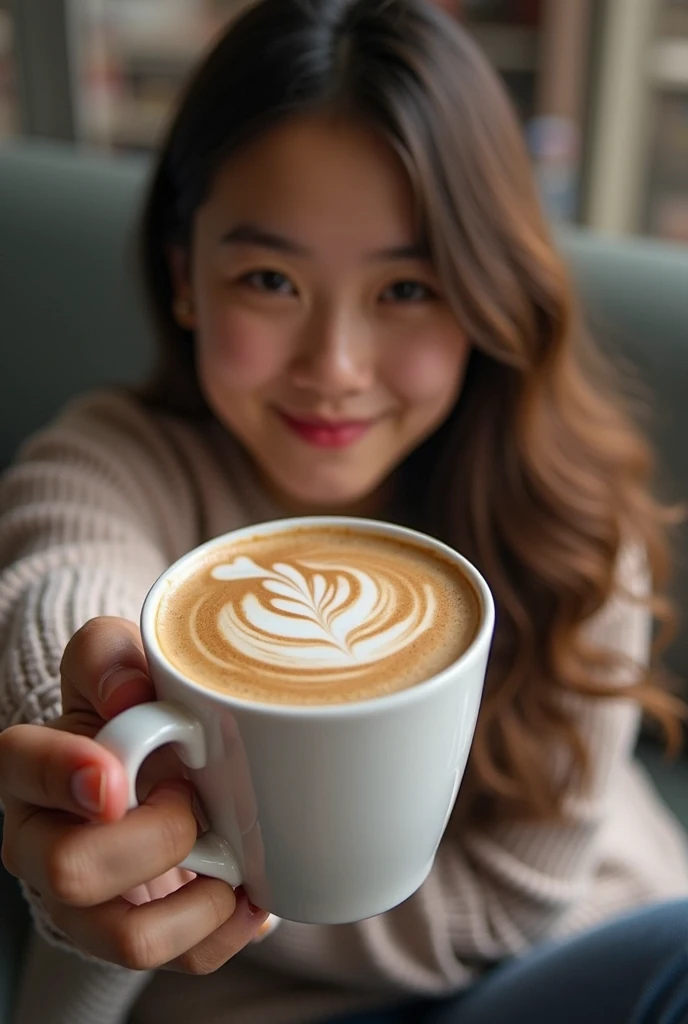 A beautiful Japanese woman in her early 20s with long hair and a sleepy expression, full frontal nude, no underwear、is holding a coffee cup and drinking a latte、Holding the camera for a selfie、