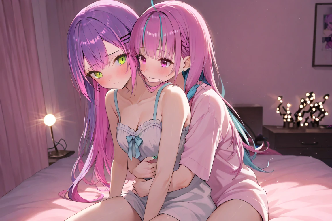 femboy, bump, small penis, score_9, score_8_up, score_7_up, score_6_up, semi realistic, score_9, score_8_up, score_8, ,1boy 1woman, ((cute femboy cuddling with a massive teddy bear on the bed)) (1femboy, crossdressing, trap, androgynous, blue and pink hair, long hair, skimpy colorful clothes, shirt up over breasts, breasts exposed, tiny skimpy short, white thigh high socks, pink collar, worried look on face, looking at viewer, showing lots of skin, flat breasts, flat chest, breasts exposed, body, cute sexy pose, small penis, flaccid, 5 feet tall) semi-realistic, raindrops on window, rainy night, volumetric lighting, mood lighting, gaming computer in background, computer station, glowing computer monitor, neon lights, glowly lights, girly decorations on walls, dark cinematography, low lights, soft light, hazy soft light, stuffed animals, video gamesStyle-Cuddles