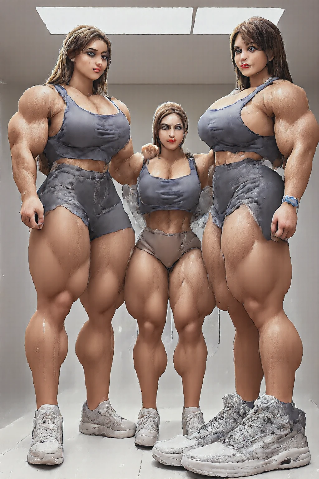 absolutely gorgeous woman, Latina, perfect body, amazon, flawless, ((NSFW)), (((accurate anatomy))), ((wide hips)), (((Huge breasts))), ((long legs)), (((Massive Female Bodybuilder))), ((((Muscular Legs)))), (((((Huge Muscles))))), goddess, wide, large, hulking, beefy, big fat thick lips, sexy, incredible, amazing, massive , hard , hairless arms, shocked look on her face