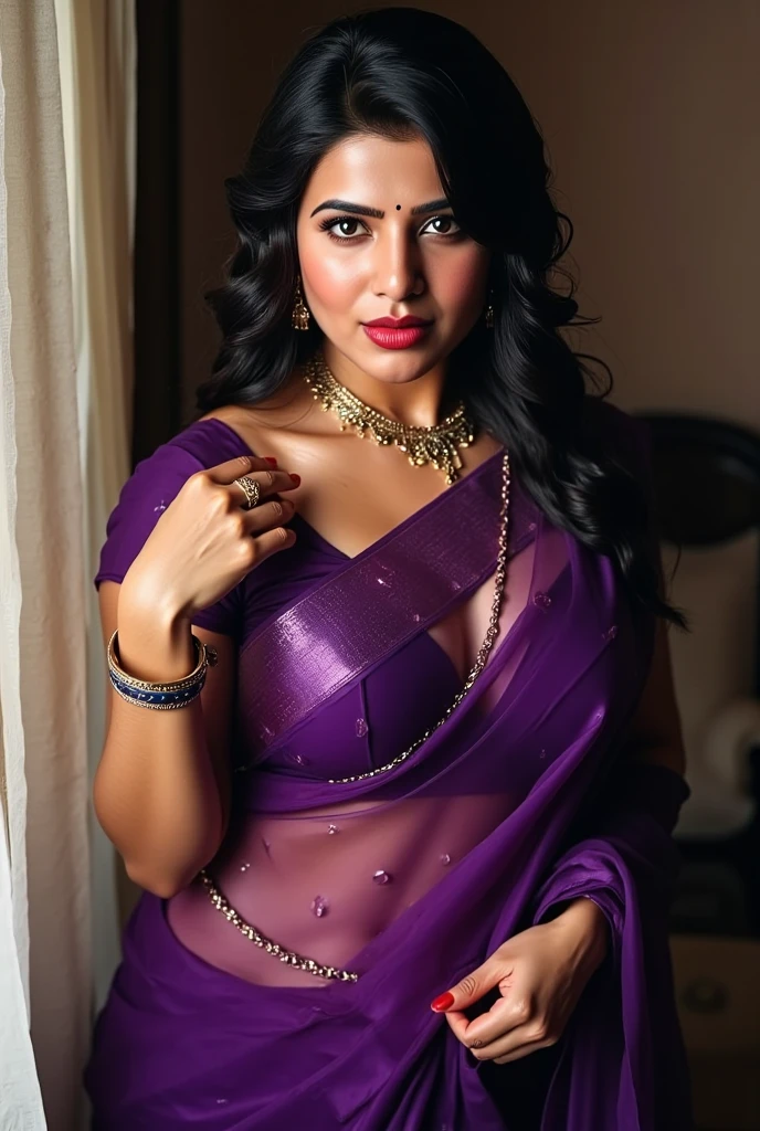 Poonam Pandey, wearing purple saree, capative looking, naposition