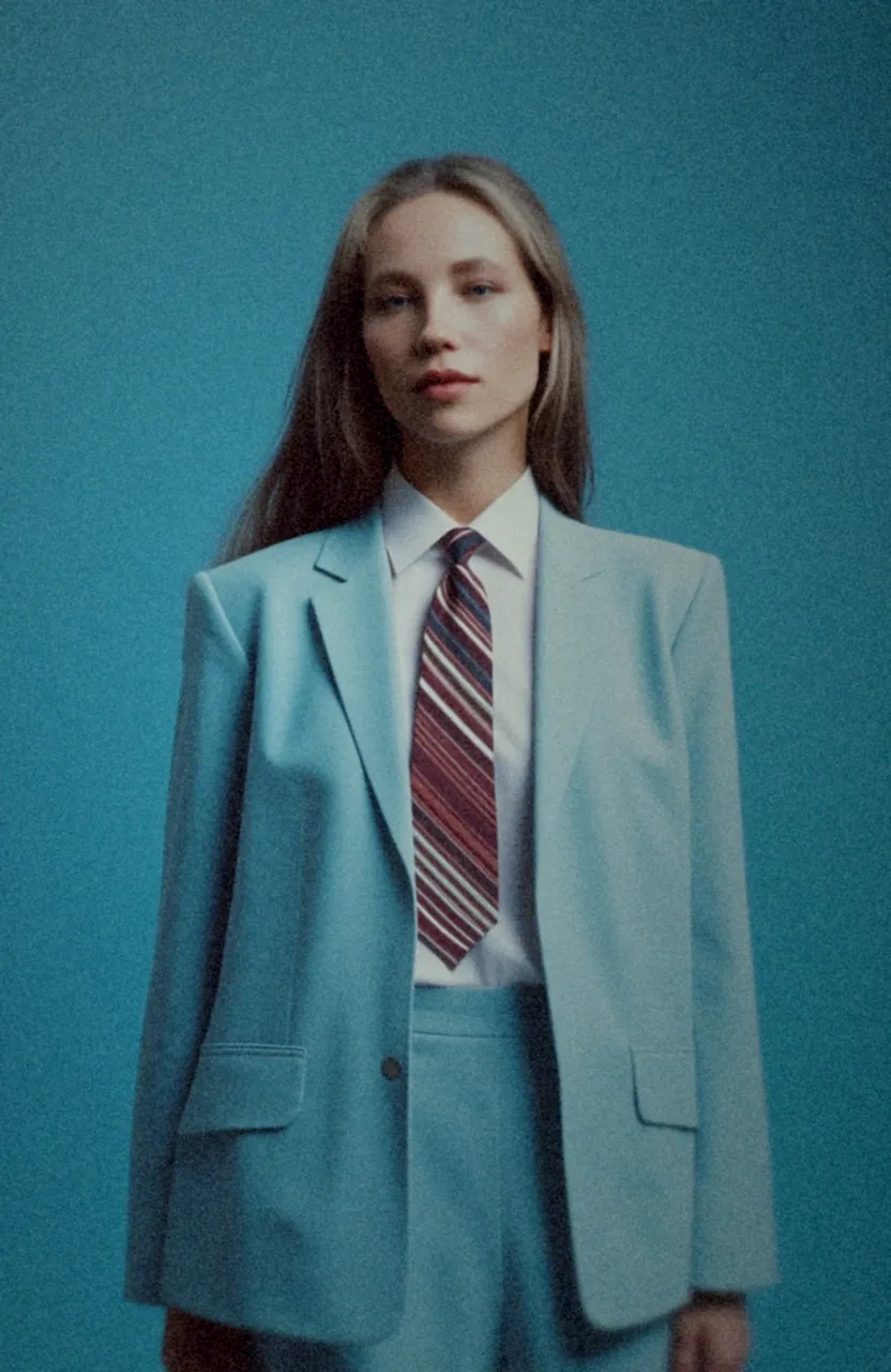 blond woman in a blue suit and tie posing for a picture, girl in suit, girl in a suit, yelena belova, portrait sophie mudd, in style of petra collins, sydney sweeney, wearing a light blue suit, olga buzova, dasha taran, as fashion editorial 90s, julia gorokhova, blue suit