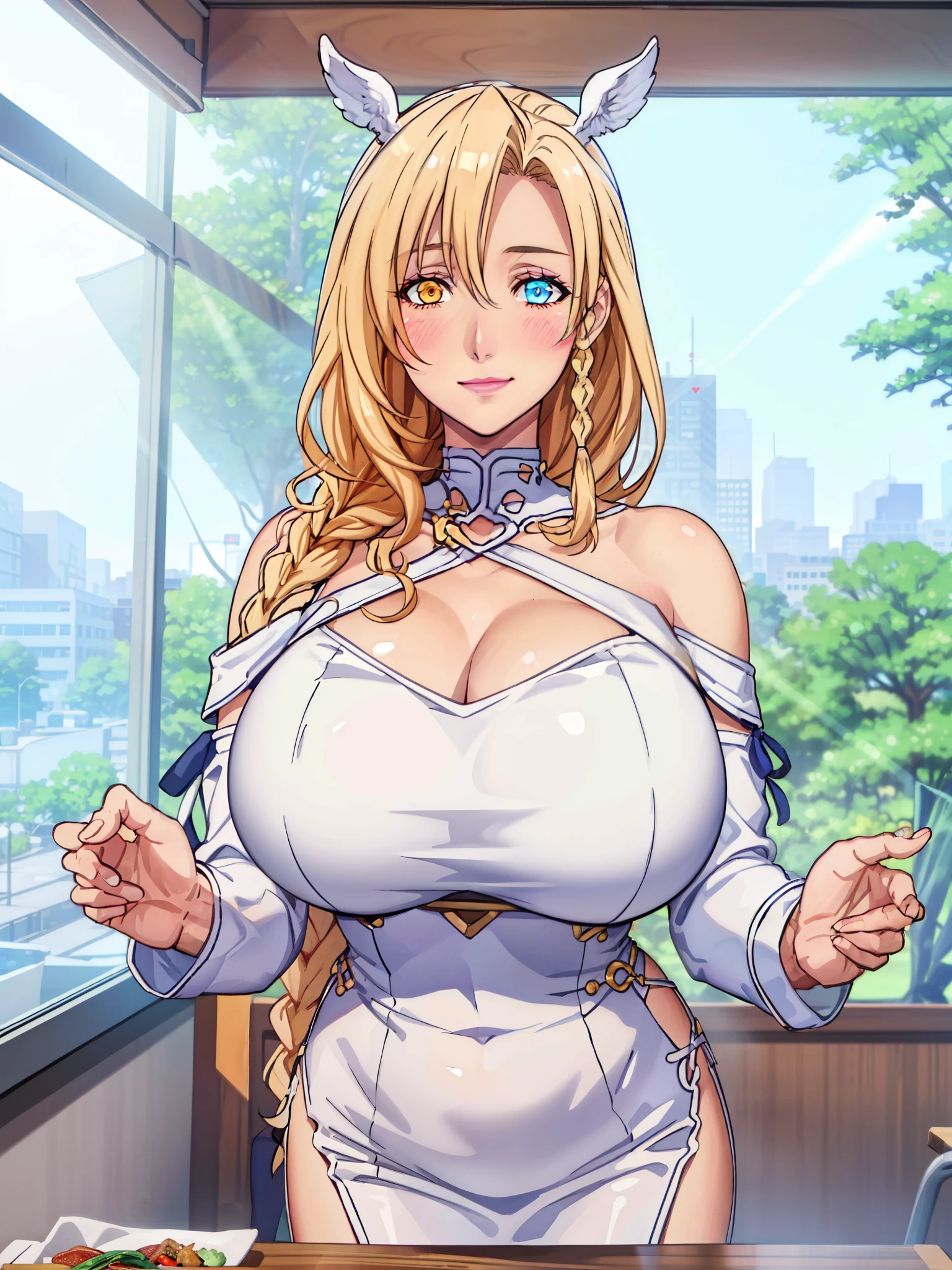 (POV Dating | across table), Off-the-shoulder white dress, black leather pencil skirt, choker, sarielx, god rays, (at chinese restaurant), anime cels style, best quality, high resolution, 1girl, (huge breasts:1.2), beautiful face, cowboy shot, (heterochromia, yelow on right eye, blue on left eye), long hair, braided ponytail, braided bangs, smiling, blushing, looking at viewer, pink lipstick