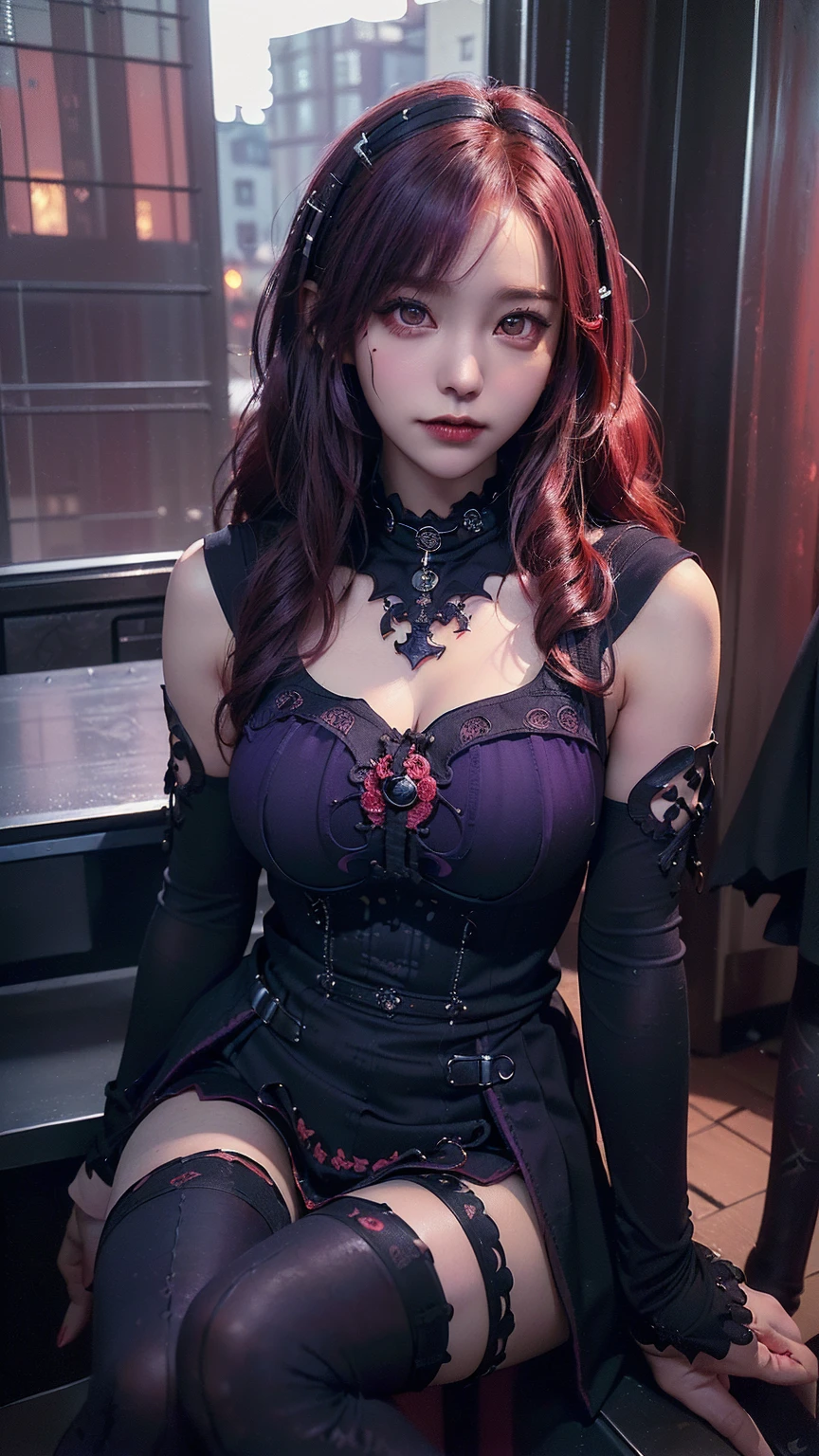 a very beautiful attractive slender succubus woman, large bust, wide hips, with red hair with black highlights, long ponytail, reddish brown eyes, maple bodice with black laces with lace, black skirt with tail, large bat wings, curved maple horns , bottom of a bed in a room with poor lighting