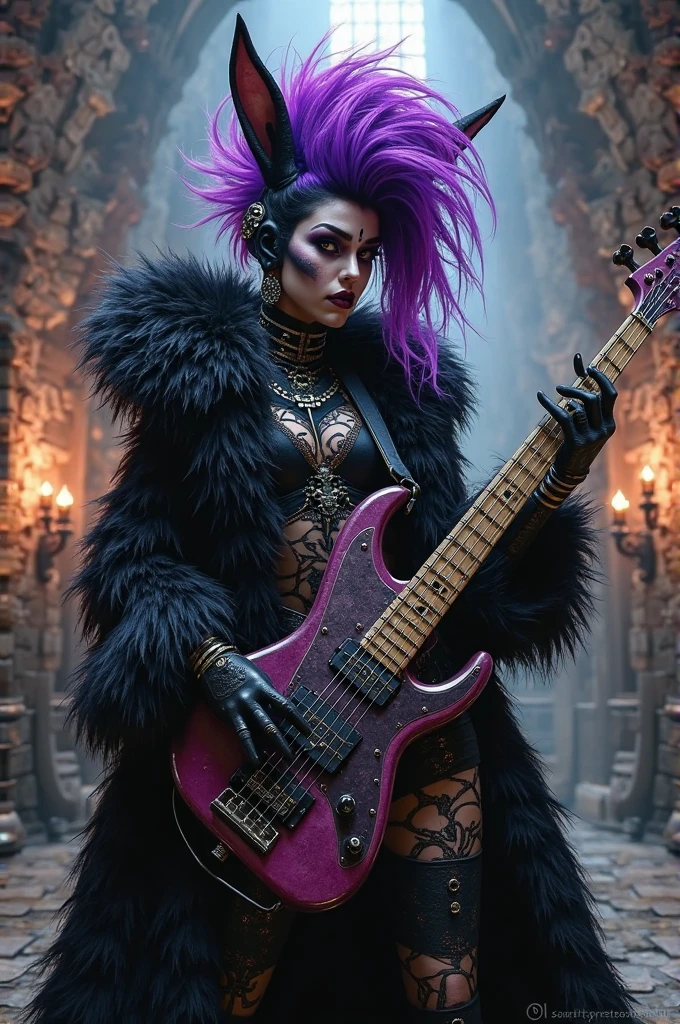 a femme demon with dark horns, black lips, and detailed tattoos, screaming into a microphone on a stage, wearing a metal music singer outfit with dark blue hair, full body view, dark and moody stage performance, metal band background (best quality,4k,8k,highres,masterpiece:1.2),ultra-detailed,(realistic,photorealistic,photo-realistic:1.37),dramatic lighting,cinematic composition,dark blue and purple color palette,industrial metal music,heavy metal concert