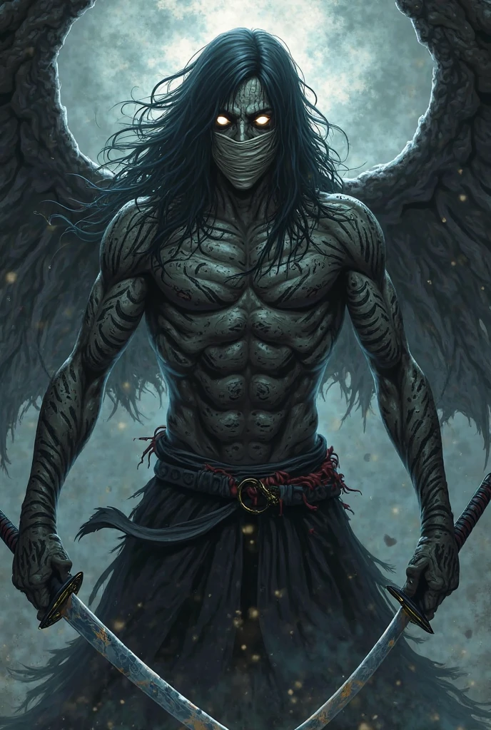 make an image with a strong meaning for suicide with a renegade angel with his mouth covered by a gag, in the dark with a rain 