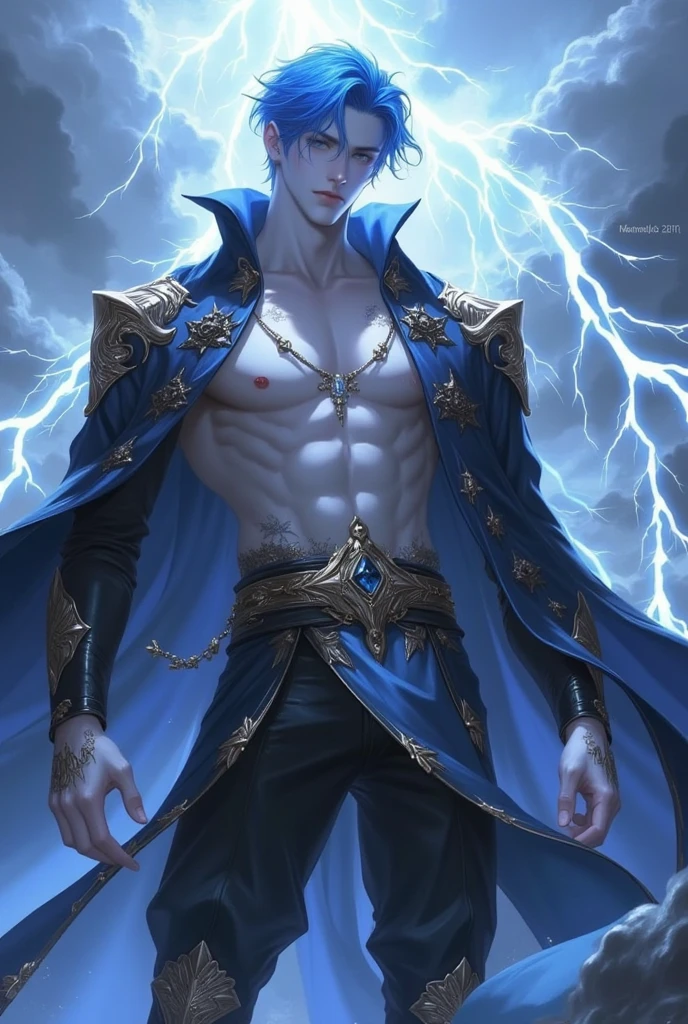 (8k,shipmentsrrealista shipments Maximum quality;1.4) (1 young boy) Super handsome king of the underworld (lifelike face) (Cyan Hair Curly Hair) slenderbody Muscular and macho Black and cyan aristocratic costume with big cyan eyes Cyan decoration Fangs peeking out of the mouth Pointed claws a seductive gaze Beautiful expression A hyper-realistic (King of the Underworld) appealing (real looking skin) super high resolution high détail Black and cyan luxury pants Cyan aura emanating from the body effect cyan coat