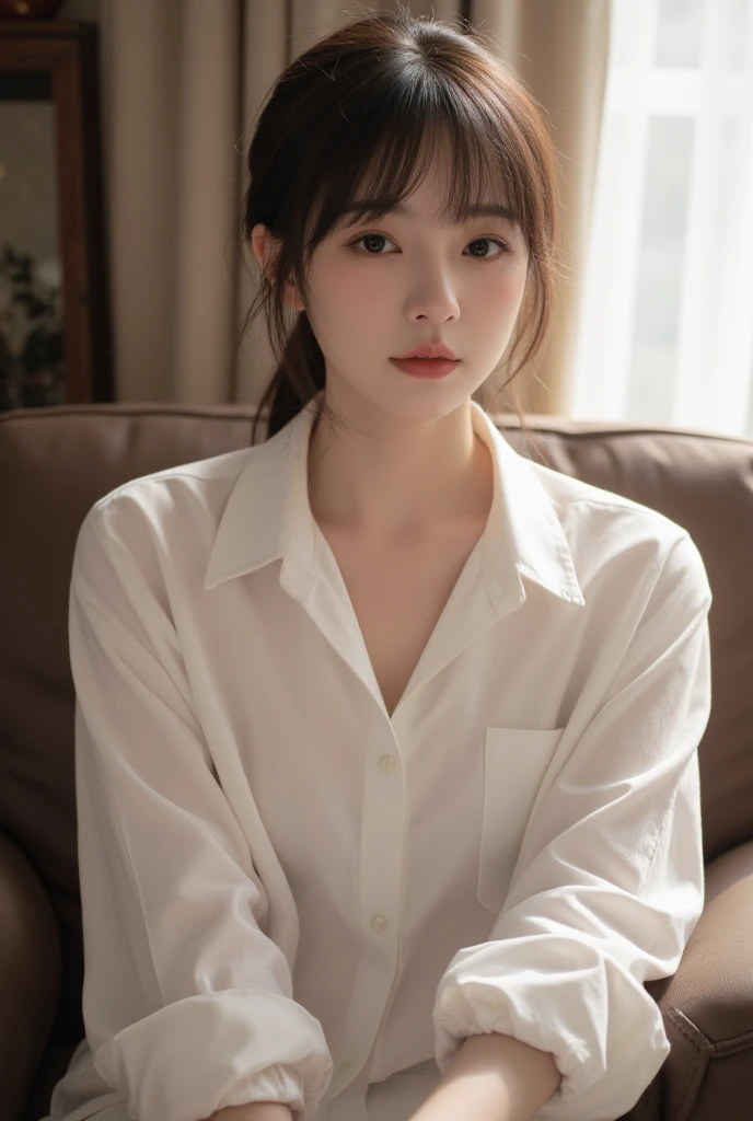 (8k, Top quality, Masterpiece:1.2), (Realistic, photo-realistic:1.37), Super detailed, perfect , cute, small eyes, 18 years old, a Japanese, girl, bangs, dress-shirt in ,