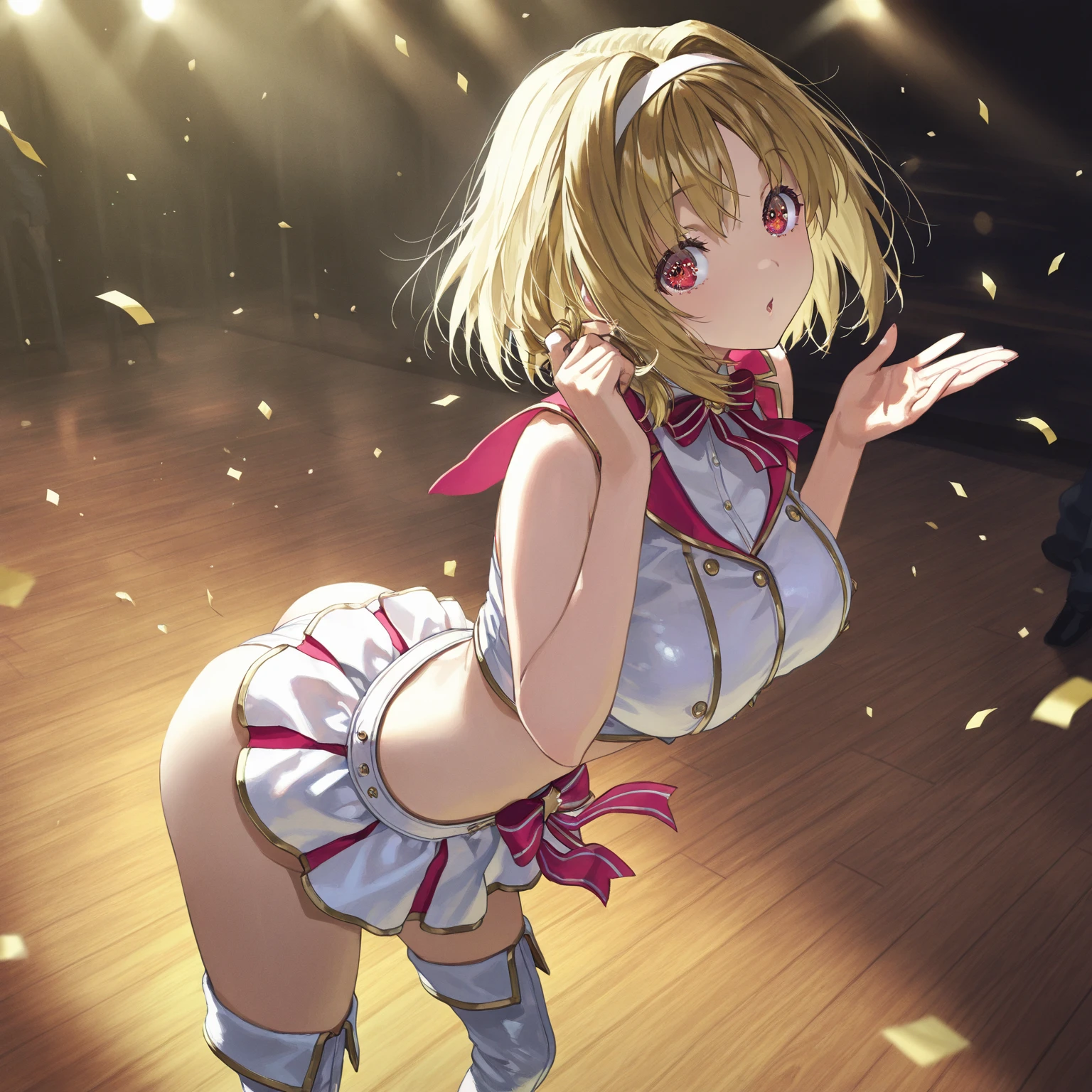 highest quality,best quality,1girl,((crowd:1.3)),((orgasm,blush, sweat, tears, tongue out:1.3)), open mouth,sakurai momoka,blonde hair,((wedding dress:1.3)),mini skirt,white kneehighs,panty shot,upskirt,lift skirt,white panties,lace panties,stage,Hand in panties,((((put one hand in your panties:1.3)))),((wet,pussy juice:1.1)),squatting,open legs,full body