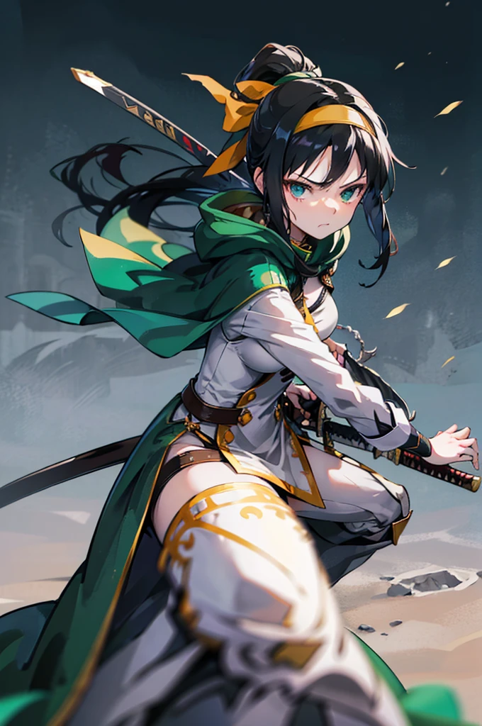 sideview, (holding green sword:1.2),on one knee,looking at viewer,Adult female facial features、eyelash, solo, mint green red single braid, Valkyria style, Battle Maiden,Beautiful Raging Battlefield Background, ((I am the main character)), Fascinating chest, angry,Top quality