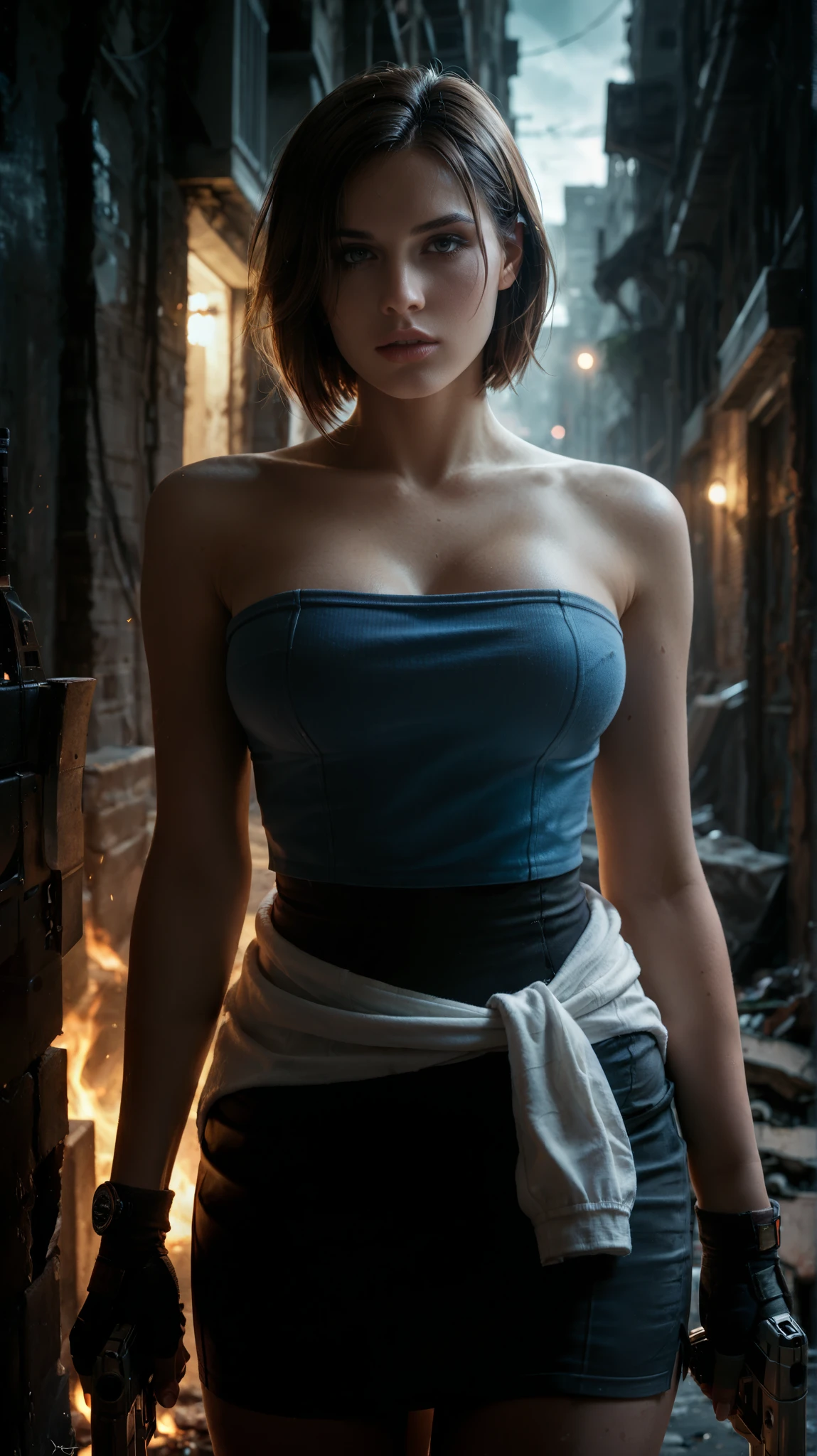 score_9, score_8_up, score_7_up, score_6_up, source_anime, BREAK masterpiece, . JillRE3, brown hair, bob cut, short hair, bare shoulders, pencil skirt, clothes around waist, fingerless gloves, tube top, breasts, best quality, city, night, ruins, parted lips, looking at viewer, holding gun, gun, fire, dilapidated, parted lips, alleyway, trigger discipline, cowboy shot,