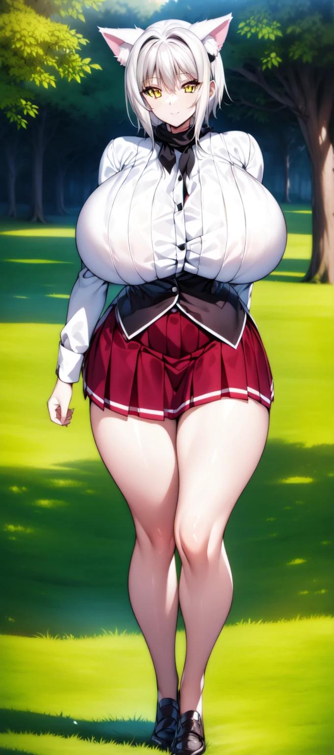 masterpiece, best quality, 1girl, forest, brown hair, long hair, fox ears, brown eyes, cute, blushing, (medieval villager clothes, medieval buttoned dress shirt, medieval frilled skirt, medieval stockings:1.4), (slim waist, curvy, big breasts, bursting breasts, gigantic ass, insanely wide hips, gigantic thighs, bottomheavy:1.2)