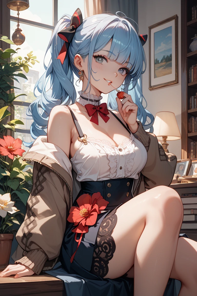 (masterpiece:1.3),(highly detailed:1.3),(highres:1.1),best quality,Ultra-detail,1girl,solo,office,jelotopaz,sitting,crossed legs,hair ornament,black jacket,collared shirt,cleavage,detached sleeves,black elbow gloves,belt,black knee boots,smile,<lora:topaz_hsr:1>,