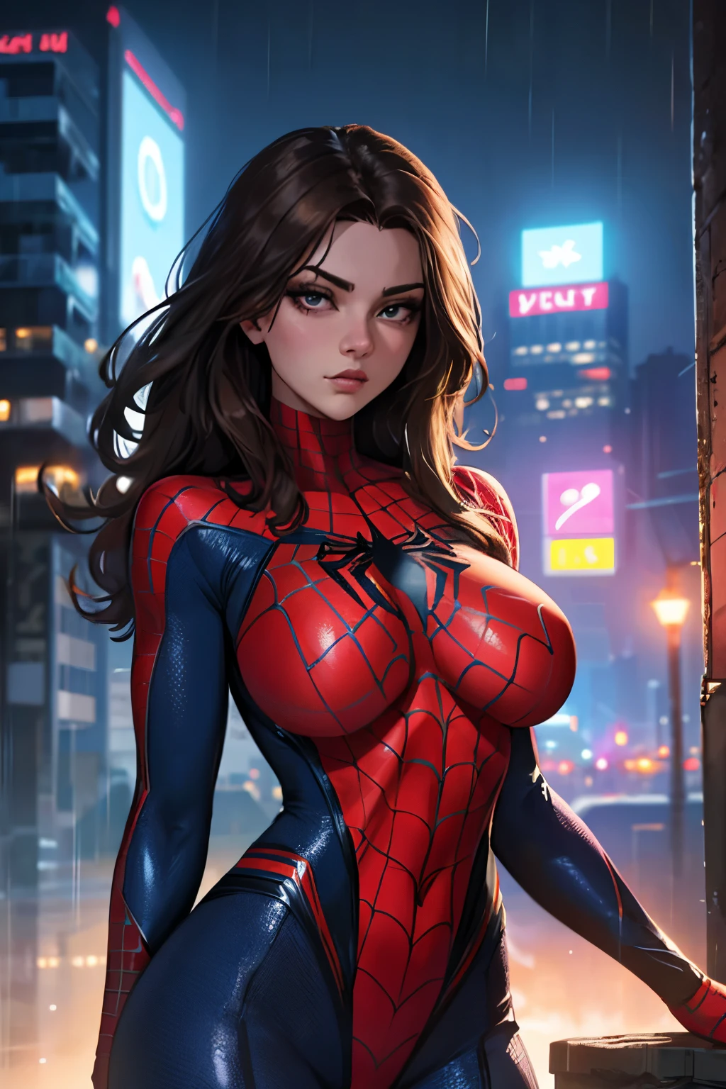 (nsfw:1.4), bare breasts, open cloth,, Beautiful woman detailed defined body using spider man cosplay，little breast，cleavage，ssmile，Off shoulder