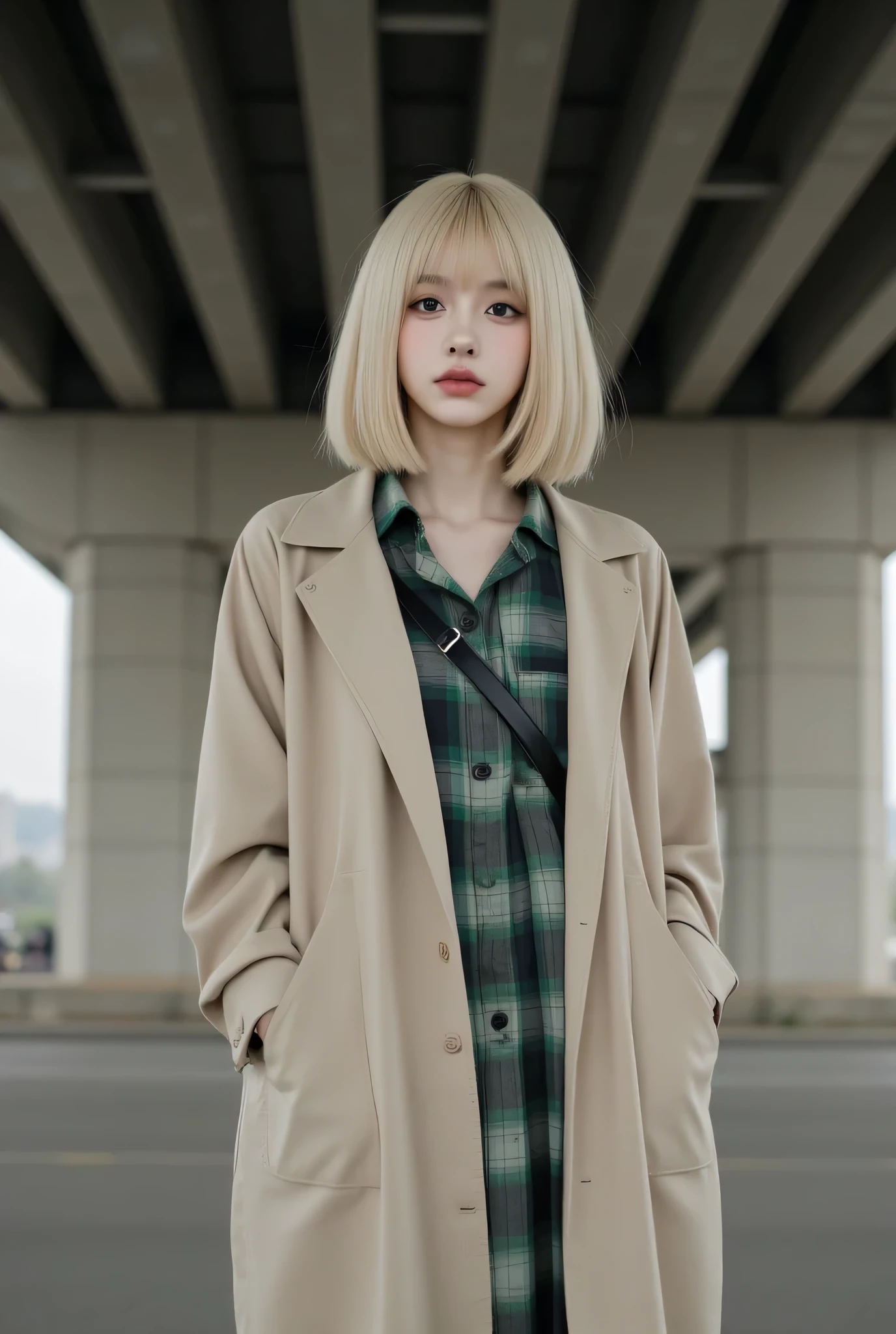 A photorealistic stylish woman standing under an urban overpass, captured in a closer half-body shot. She wears a full-length, oversized beige trench coat with a loose silhouette and drop-shoulder fit. Underneath, a green plaid shirt dress is visible. She has a sharp bob haircut with blunt bangs and distinctive inner bleach blonde highlights that frame her face. Her expression is calm, cool, and slightly mysterious. The photo is taken from a closer perspective, focusing on her face, upper body, and hairstyle. She wears minimal makeup with a pale complexion and matte lips. A black crossbody strap runs diagonally across her coat. The background features the raw concrete and bold lines of the overpass structure, giving a moody and editorial street style feel.
Realistic, ultra-high definition, 4K, photorealistic, close-up shot, medium framing, fashion portrait, cinematic urban street, inner bleach blonde bob, oversized trench coat, Korean fashion, muted tones, streetwear elegance, moody lighting, strong gaze