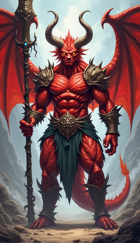 BOSS FIGHT,the Great Devil,Pit Fiend, Masterpiece, ultraclear, extreme height detail, slash wound on chest, mace in hand raised over head, flaming wings, background on fire