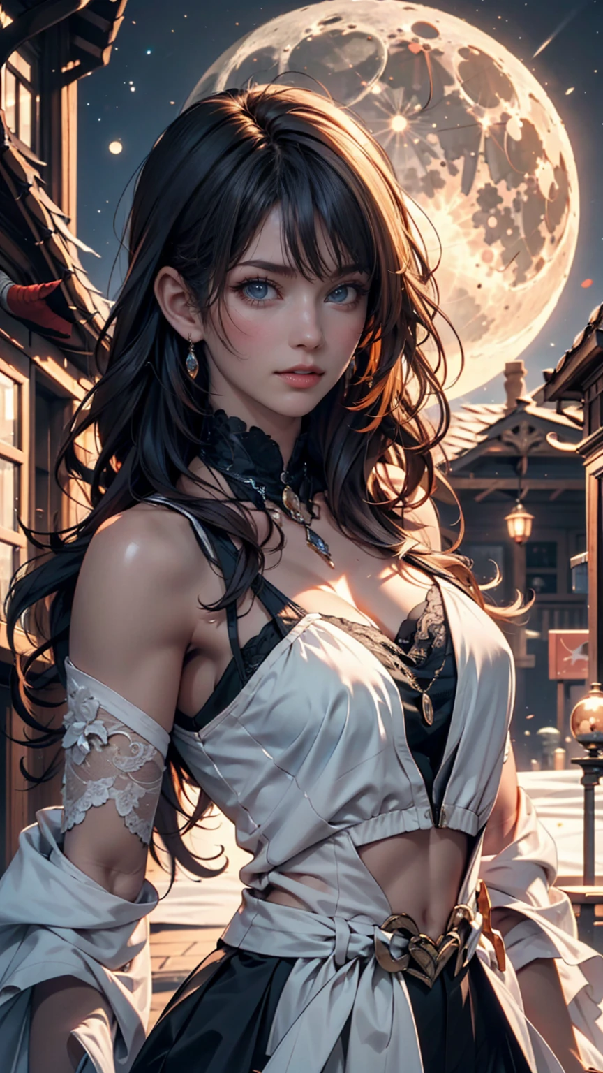 under the night sky、An elegant woman looking up at the starry sky。Her silhouette is illuminated by the moonlight、The dress flutters in the wind、bracelet、choker、Upstyle your hair、Stiletto heels、Cowboy Shot