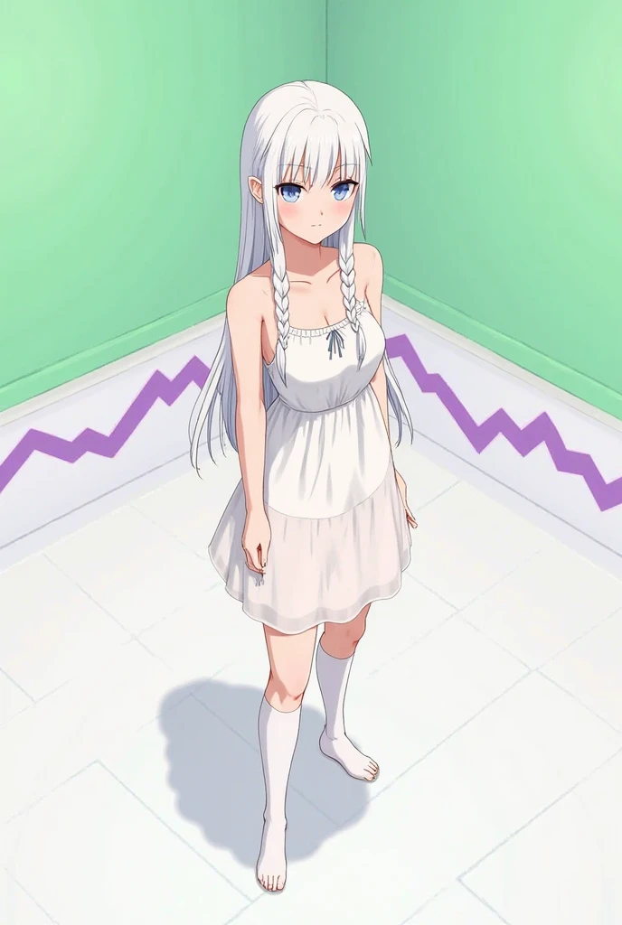Long silver hair, green eyes, headband, necklace, nun, white clothes, flat chest, smile, happy, beautiful thighs, inside house