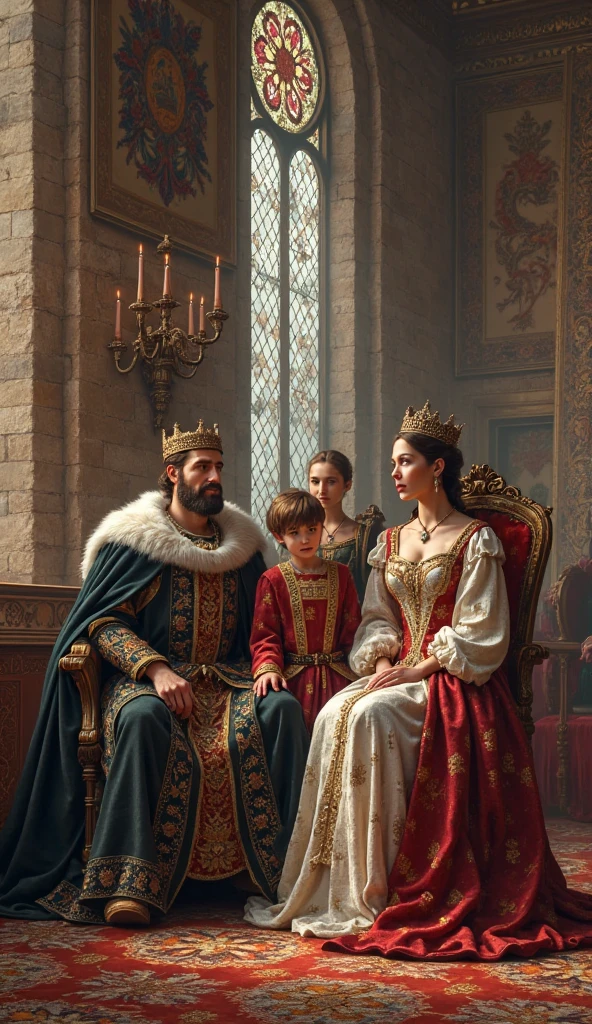 The king and his queen sit on the throne and in front of them are their children, prince and his brother.