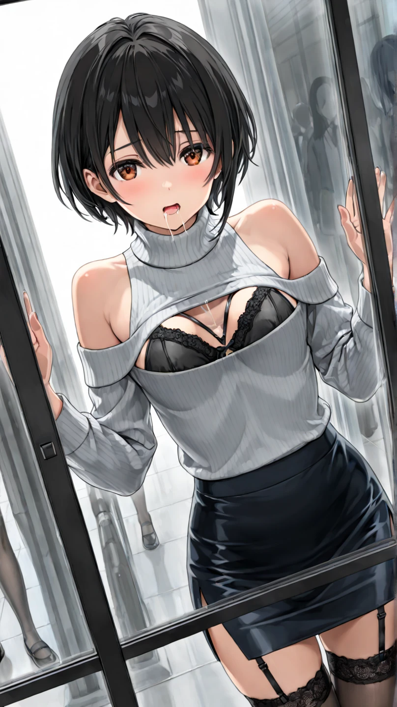 Detailed hair, detailed skin, detailed fabric, detailed eyes, detailed lips. Brown haired young woman, beautiful, bob hair, brown eyes, small to medium breasts, smiling, sleeveless light brown turtleneck, perky nipples, high waisted denim pants, soft smile, Tokyo, gravure magazine cover.