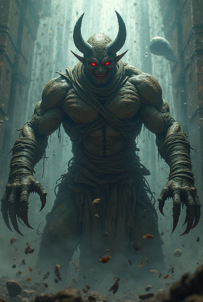 A monstrous medieval goblin, with deformed body and disgusting tentacles, in a medieval city, night, dark environment, darkness, fog, bloodstained, horror
