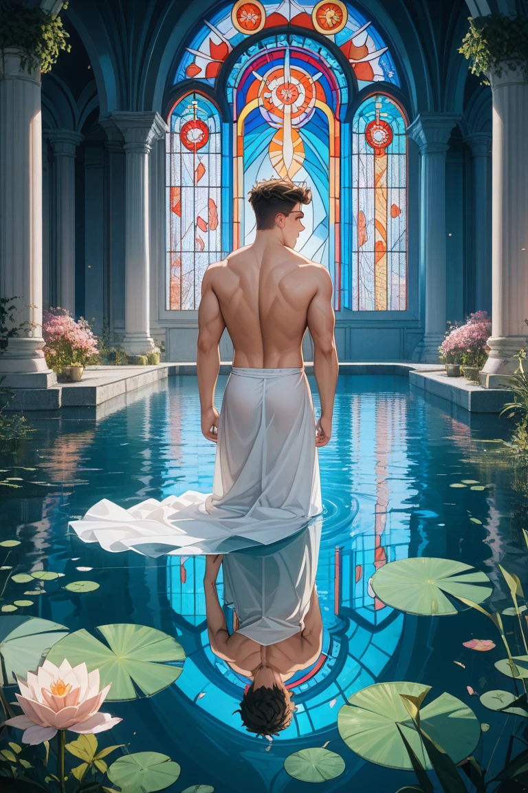 a muscular, 1 man, solo, (oil painting:1.5), (NSFW:1.2), a man joyfully twirling in the raining paint, 1boy, short hair, floral, Lycianthus ,In light pink and light blue styles..., Dreamy and romantic composition..., dripping flowers on his face, in the style of collage-based, made of insects, william wegman, colorism, white background, pencil art illustrations, national geographic photo, luxurious, extravagant, stylish, , opulent, elegance, stunning beauty, professional, high contrast, detailed, Depict a dreamy, whimsical scene with elements that seem to merge with the background, full body shot