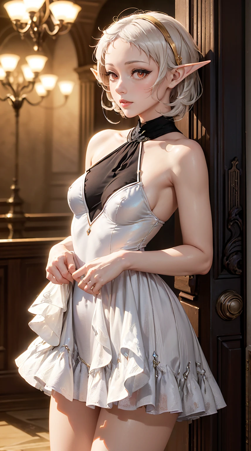 masterpiece, best quality, highres, 1girl, solo, anastasia (idolmaster), idolmaster cinderella girls, blue eyes, short hair, grey hair, black dress, cowboy shot, , closed mouth, upper_body,