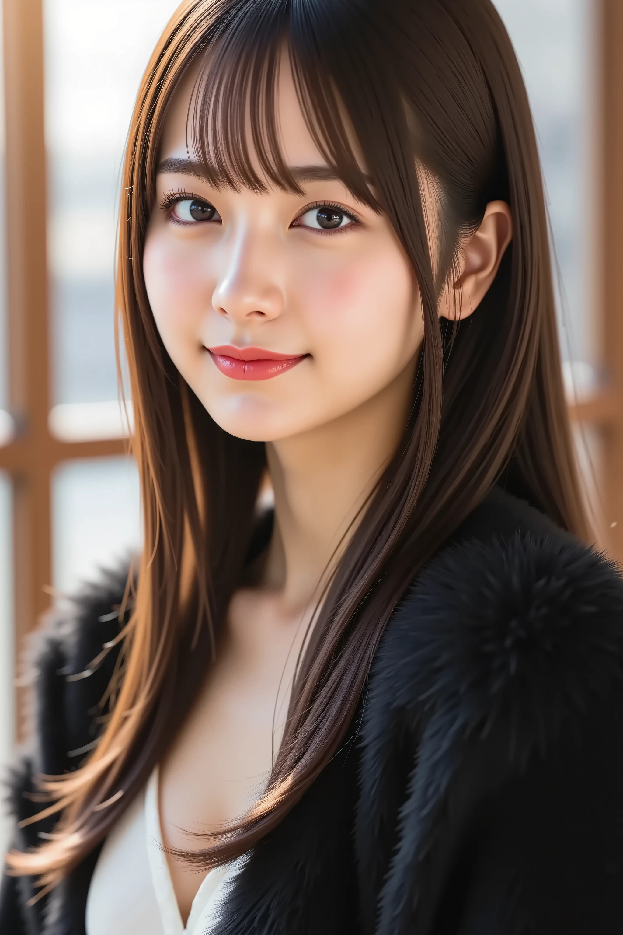 with a highly detailed and ultra-realistic digital illustration of a beautiful young Asian woman、The entire head is clearly drawn. She is kind, A charming smile and soft, Slightly cheeks and naturally shiny pink lips. Her big, their expressive eyes shine with delicate lashes and casual makeup. accept her imperfections , Silky, My dark brown hair cascades gracefully down my shoulders, Elegant, soft bangs framing the forehead. I'm wearing elegant luxurious clothes, A fluffy black fur coat for a sophisticated style Let them stand、enhances a graceful neck. and the background is softly blurred, warm, natural light, enhances the glamorous vibe. The overall image is very sharp, Pure, perfect as an 8K wallpaper.