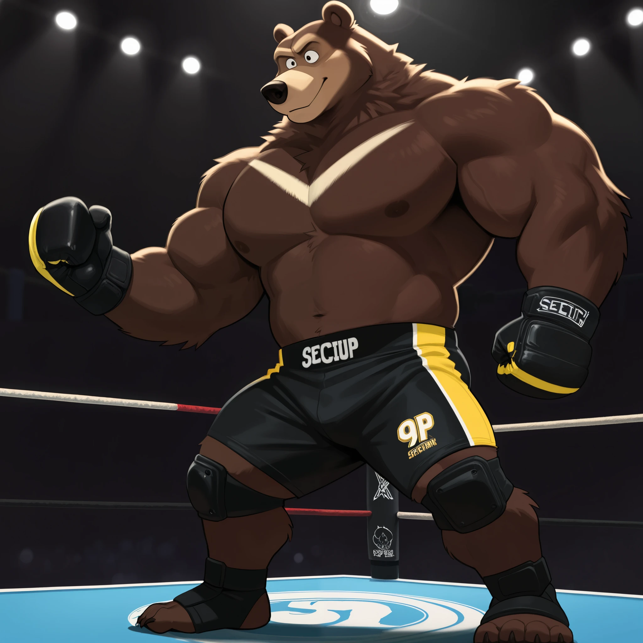 score_9, score_8_up, score_7_up, cartoon_style, ((by BodiPhantom)), 4k, 8k, The best quality, very well drawn, detailed, high quality, detailed, 4k, high resolution, high quality, high resolution, furry character, ursine, BodiPhantom, Himalayan bear, bear, boy, (sexy), thick arms, huge arms, 350lbs, (dark brown fur)), lights, fighting ring, stances, seething, standing on the caged ring, wearing black MMA shorts with green slits, MMA gloves with knuckle pads, ankle support brace,
