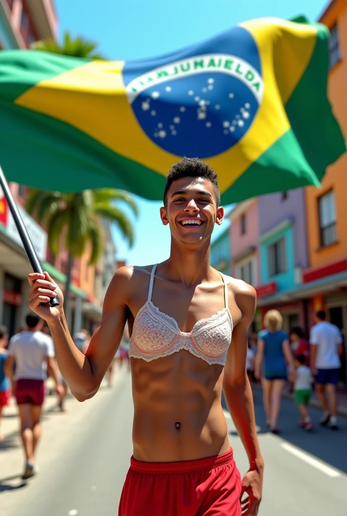 young, beautiful, elegant, white, skinny, elegant shirtless face standing, ,sin remera en la playa boxer de bandera brasil con una bandera brasileño en la mano mientras muchos publico le aplaude y celebra con muchas burbuja en su alrrededor pasarela masculina hombre guapo piel white