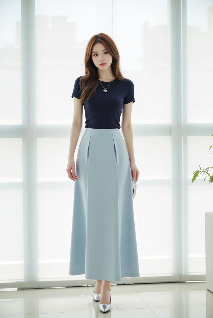 (a Korean girl: 1.5), (a woman), there is only one person in the picture, ((best quality, 8k, masterpiece: 1.3)), sharp focus: 1.2, (upper body: 1.4), perfect figure: 1.4, slim: 1.2, happy expression, office, smile, navy blue short sleeve tight T-shirt, high quality tight t-shirt, tight t-shirt, delicate fabric texture, with high waist skirt, wide skirt, midi skirt, light straight skirt, pleated skirt short skirt, with contrasting tones, elegant, Highly detailed face and skin texture, detailed eyes, double eyelids, long eyelashes, fine eyelashes, fine cloth texture