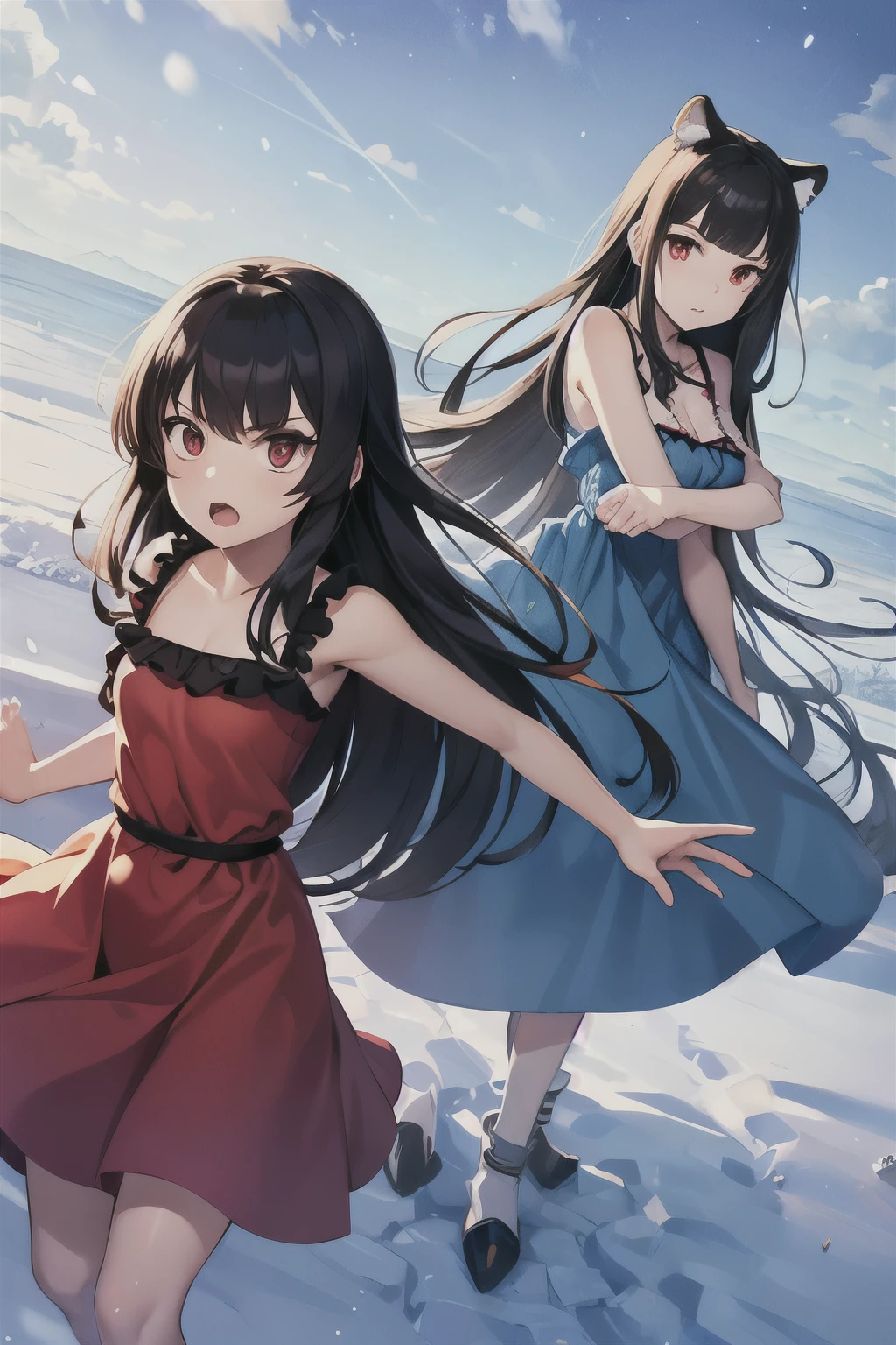 two tiger girls, anime style, long black hair, red eyes, fierce expression, blue sundress, field of ice and snow