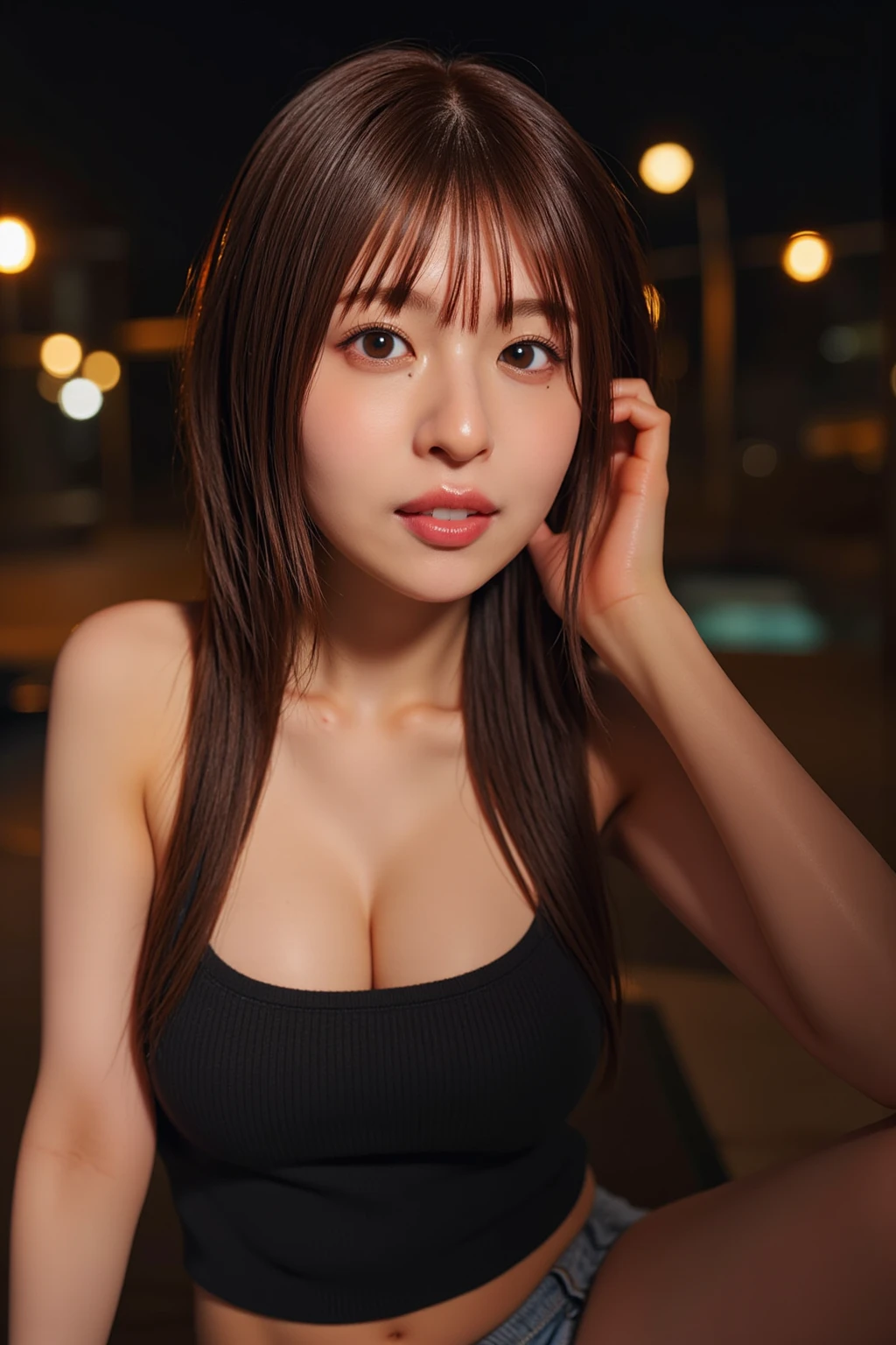 ((Highest quality, 8K, masterpiece :1.3)), whole body, Sharp focus :1.2, Beautiful woman with perfect figure :1.4, Slim Abs :1.2, ((Dark brown hair, Big Breasts :1.2)), Tank top dress :1.1, (Night city view, Modern balcony :1.1), Highly detailed face and skin texture,