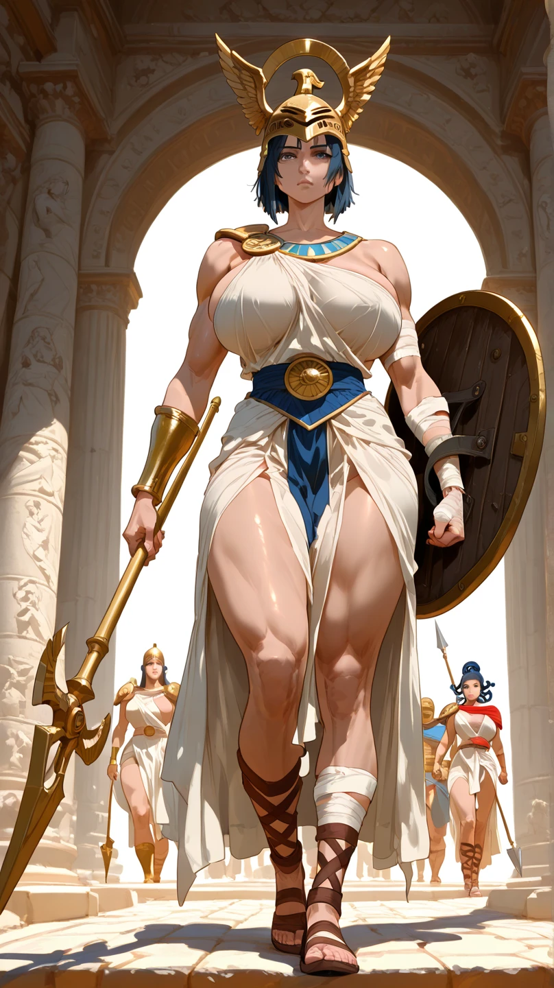 masterpiece, highest quality, (perfect face:1.1) , (high detail:1.1), dramatic, female triplets, breasts, white hair, red eyes, cleavage, long hair, curvy, large breasts, moon, see-through, night, dress, thighs, navel, white dress, laced choker, bare shoulders, wide hips, thick thighs, lips, covered, laced robe, pelvic curtain, laced pelvic curtain, toned pelvis, toned hips, milky hips, navel piercings, body piercings, huge breasts, muscles, big biceps, thigh muscles, bruised knees, white Heels, white sandals, body piercings, Chun Li thighs, neck chains, castle, detailed background, art by artgerm and greg rutkowski, cinematic lighting, ((NSFW)), (((accurate anatomy))), ((wide hips)), (((Huge breasts))), ((long legs)), (((Massive Female Bodybuilder))), ((((Muscular Legs)))), (((((Huge Muscles)))))