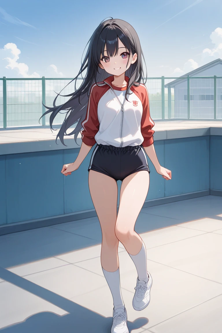 absurdres, high detail, uhd, morning, track yard, string of flags, flags of all nations,
standing, adjusting hair, leaning back,
ranan, long hair, ponytail, hair ribbon, red headband, gym uniform, white shirt, red buruma, white socks, sneaker, red shoes
<lora:gomaotsu-ranun-t1:0.7>